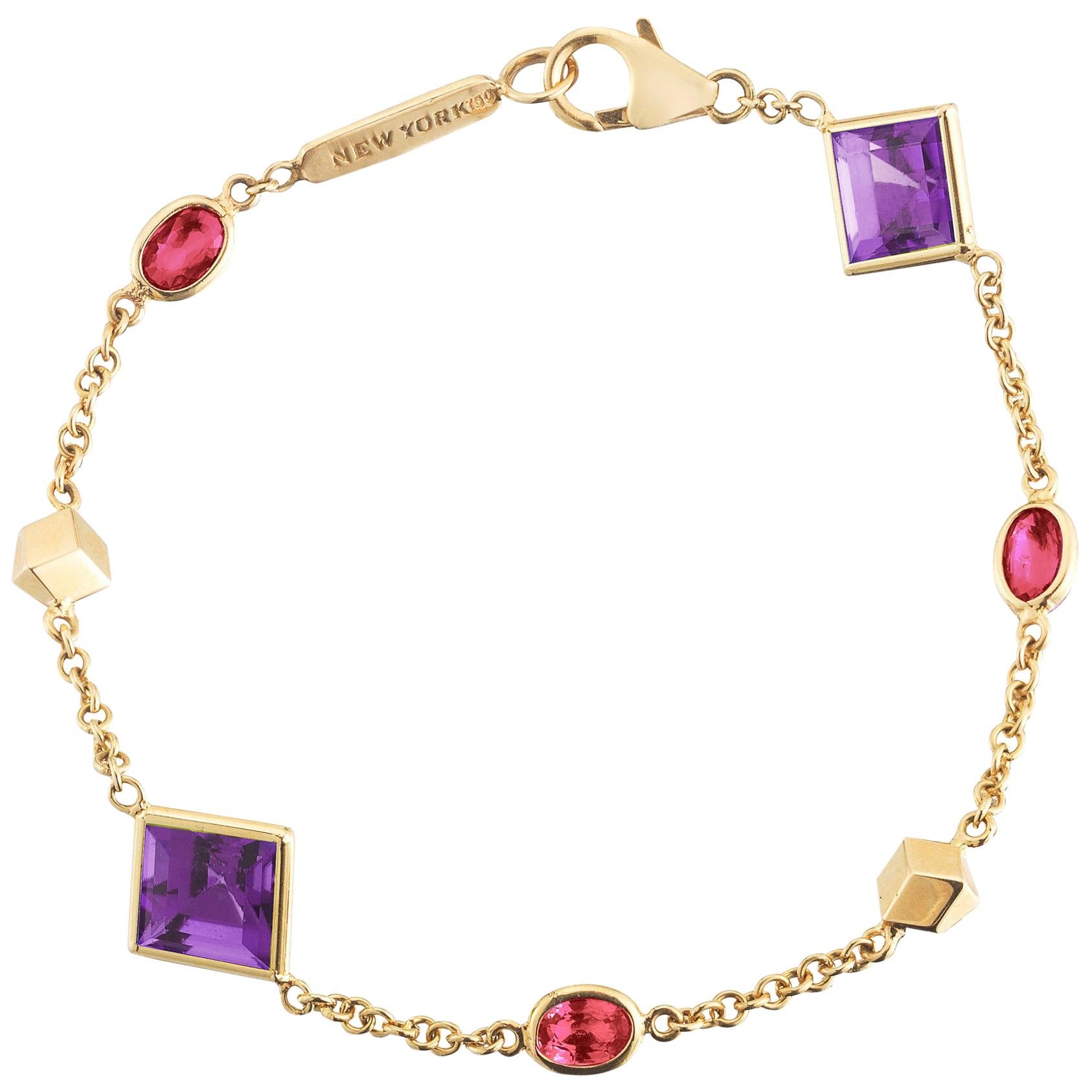 Paolo Costagli 18 Karat Yellow Gold Florentine Bracelet with Amethyst and Rubies For Sale