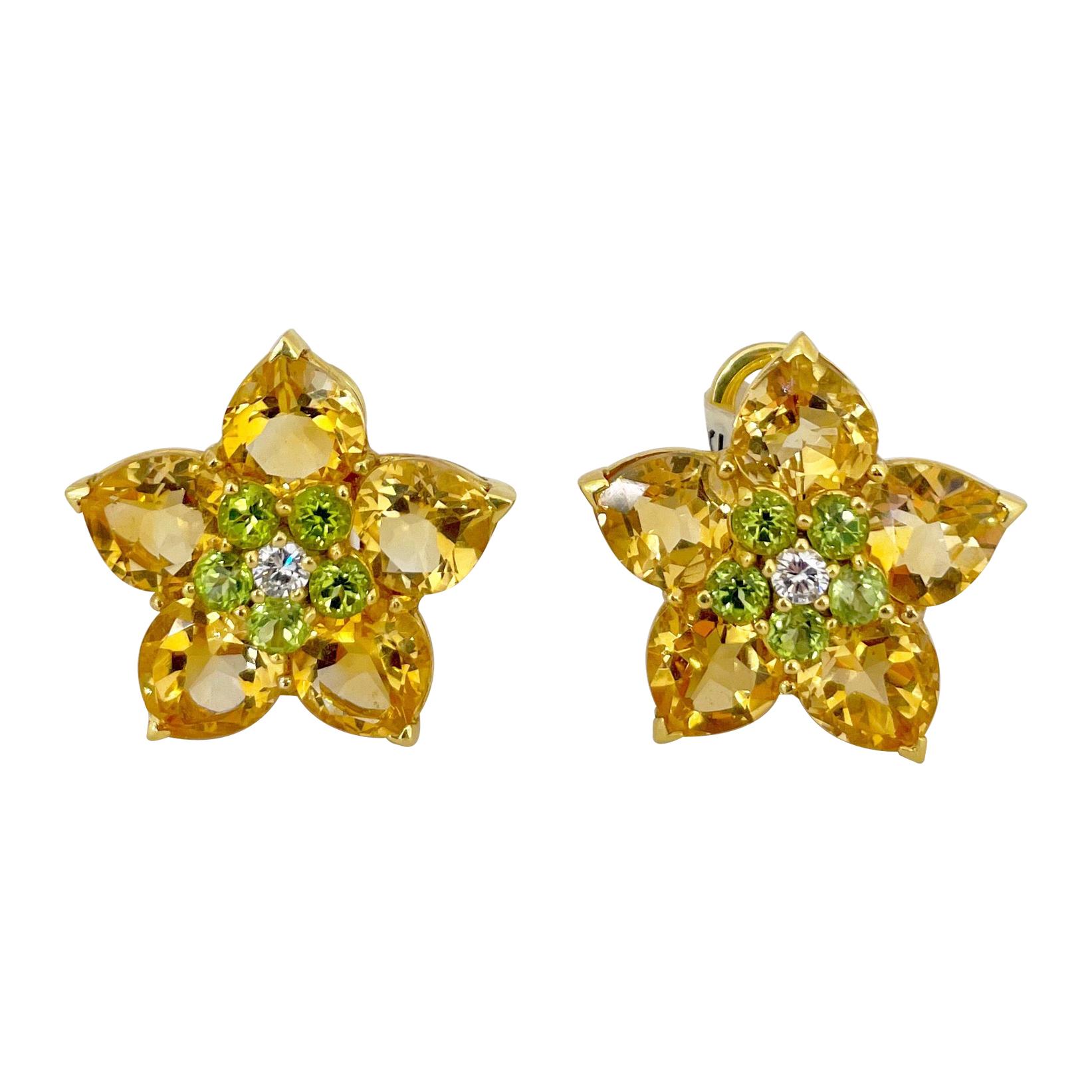 18 Karat Yellow Gold Flower 18.00 Carat Citrine, Peridot and Diamond Earrings