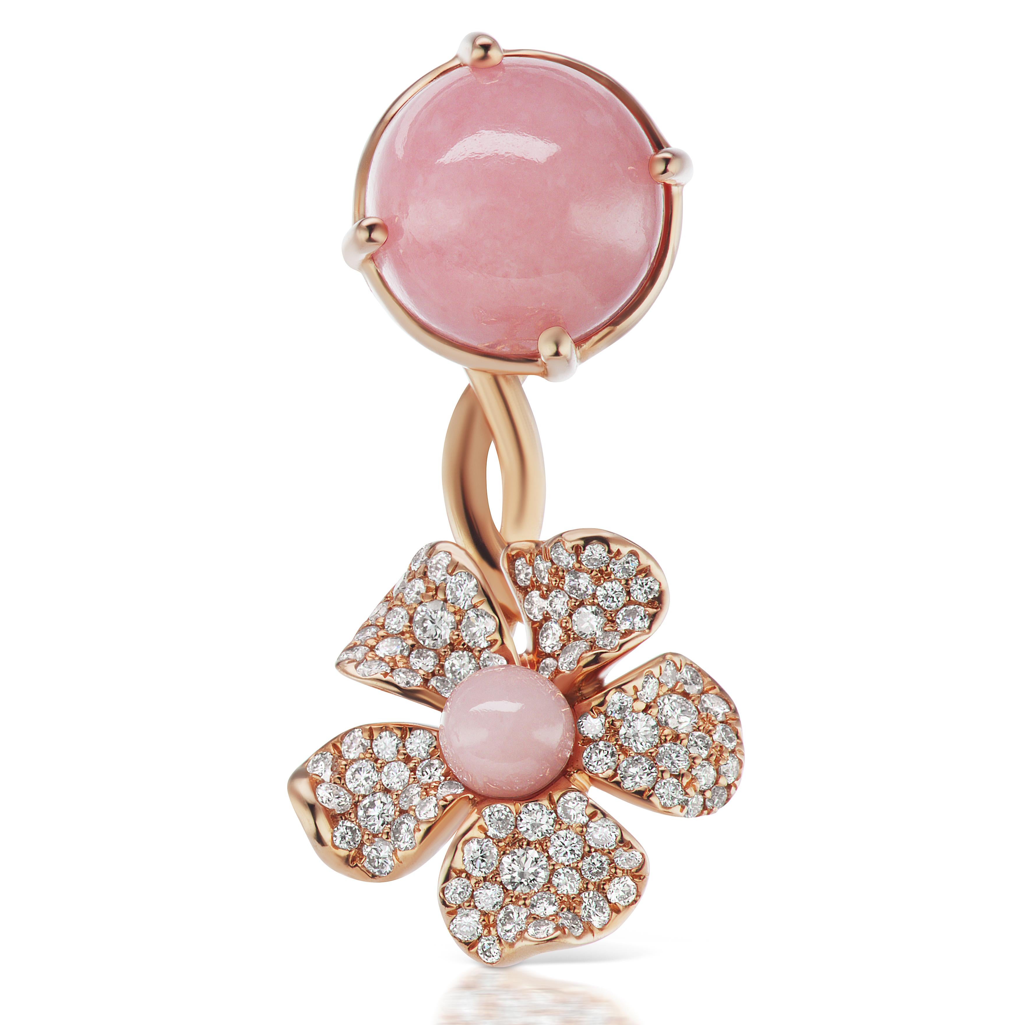 18 Karat Yellow Gold Flower Earring with Pink Opals and Diamonds In Excellent Condition For Sale In New York, NY