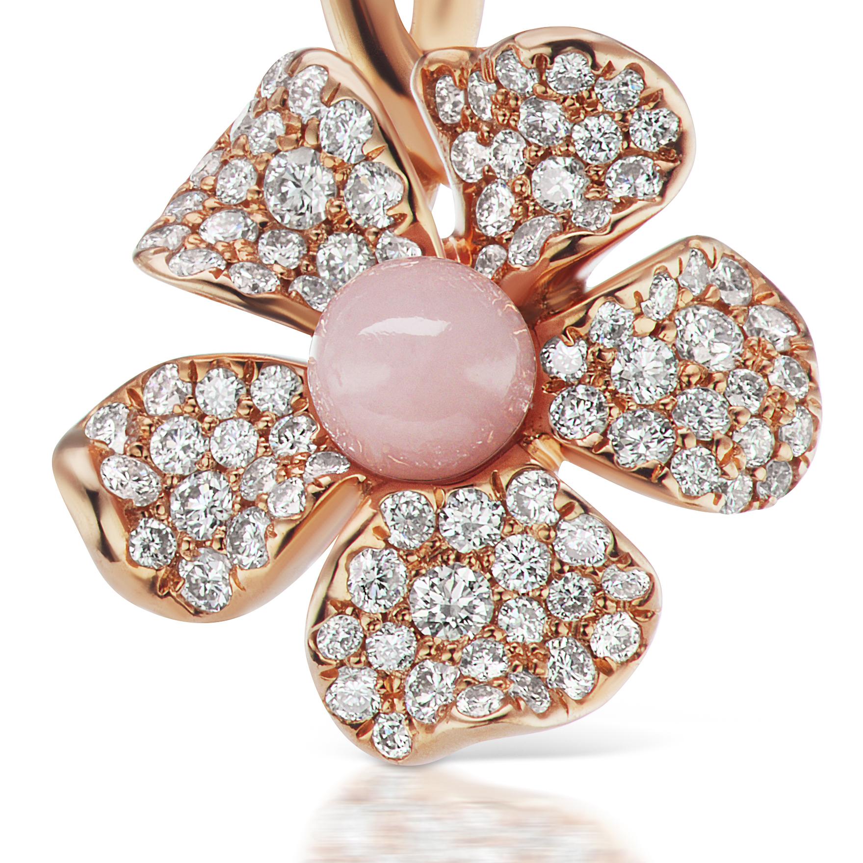 18 Karat Yellow Gold Flower Earring with Pink Opals and Diamonds For Sale 1