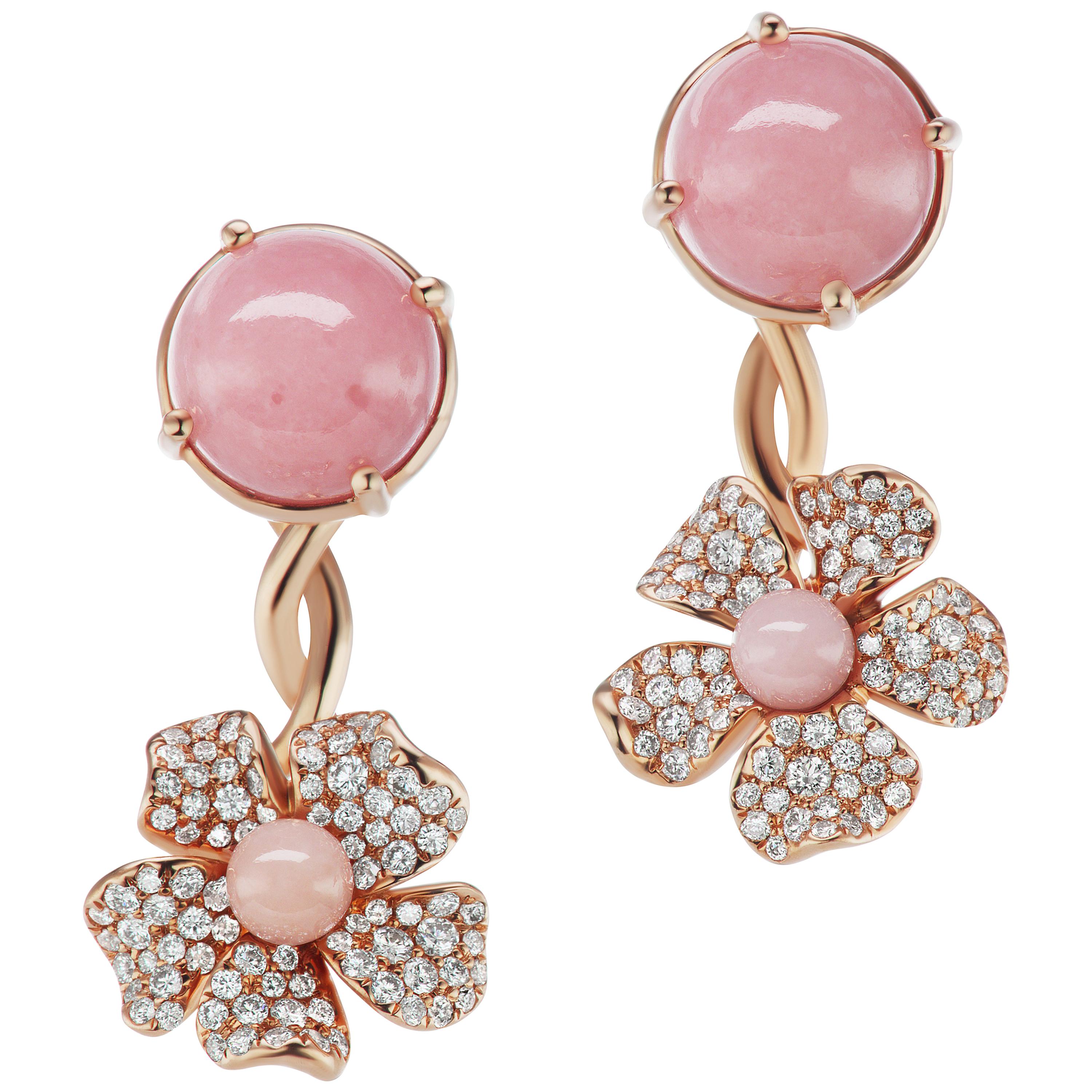 18 Karat Yellow Gold Flower Earring with Pink Opals and Diamonds For Sale