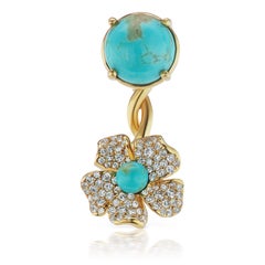 18 Karat Yellow Gold Flower Earring with Turquoise and Diamonds