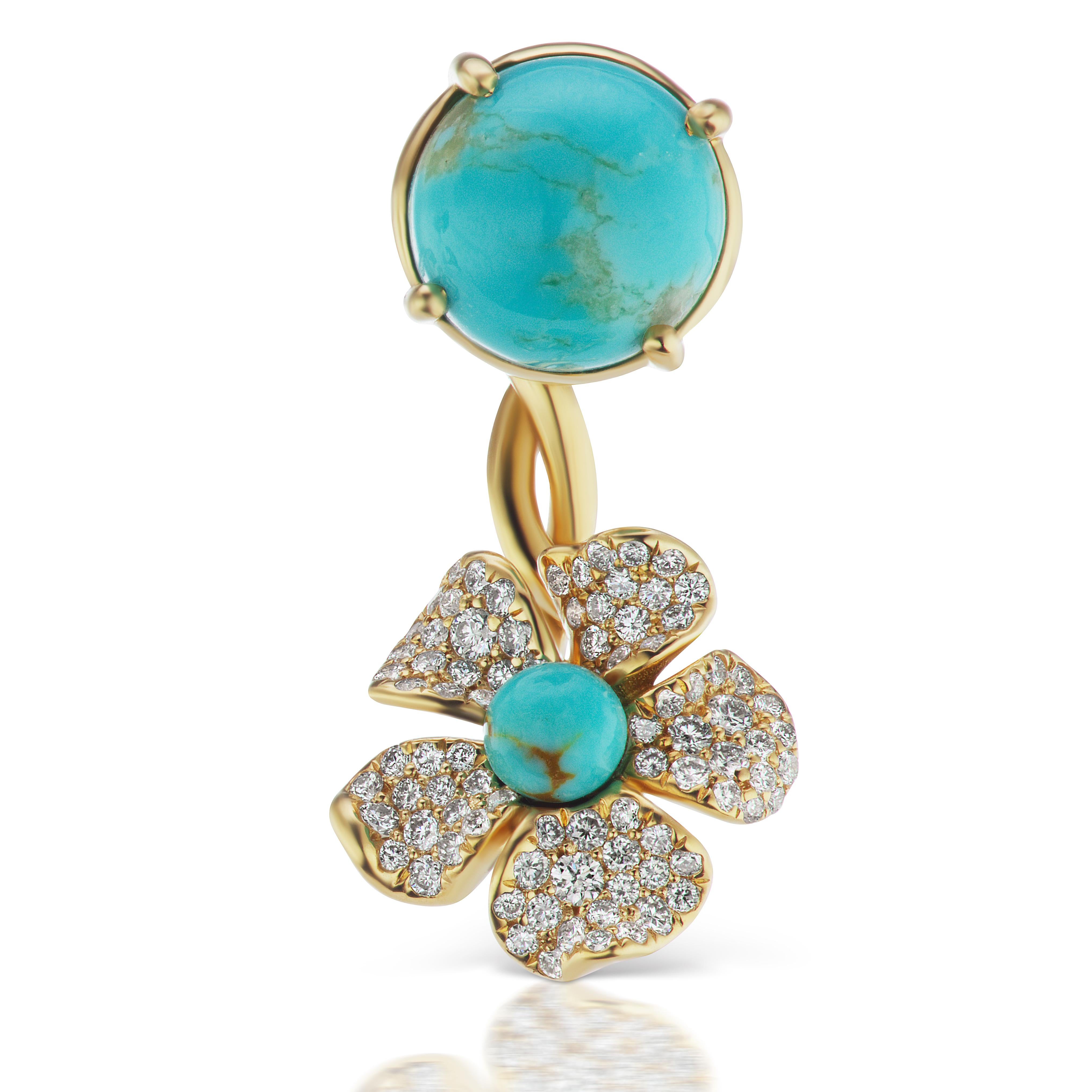 18 Karat Yellow Gold Flower Earring with Turquoise and Diamonds In Excellent Condition For Sale In New York, NY