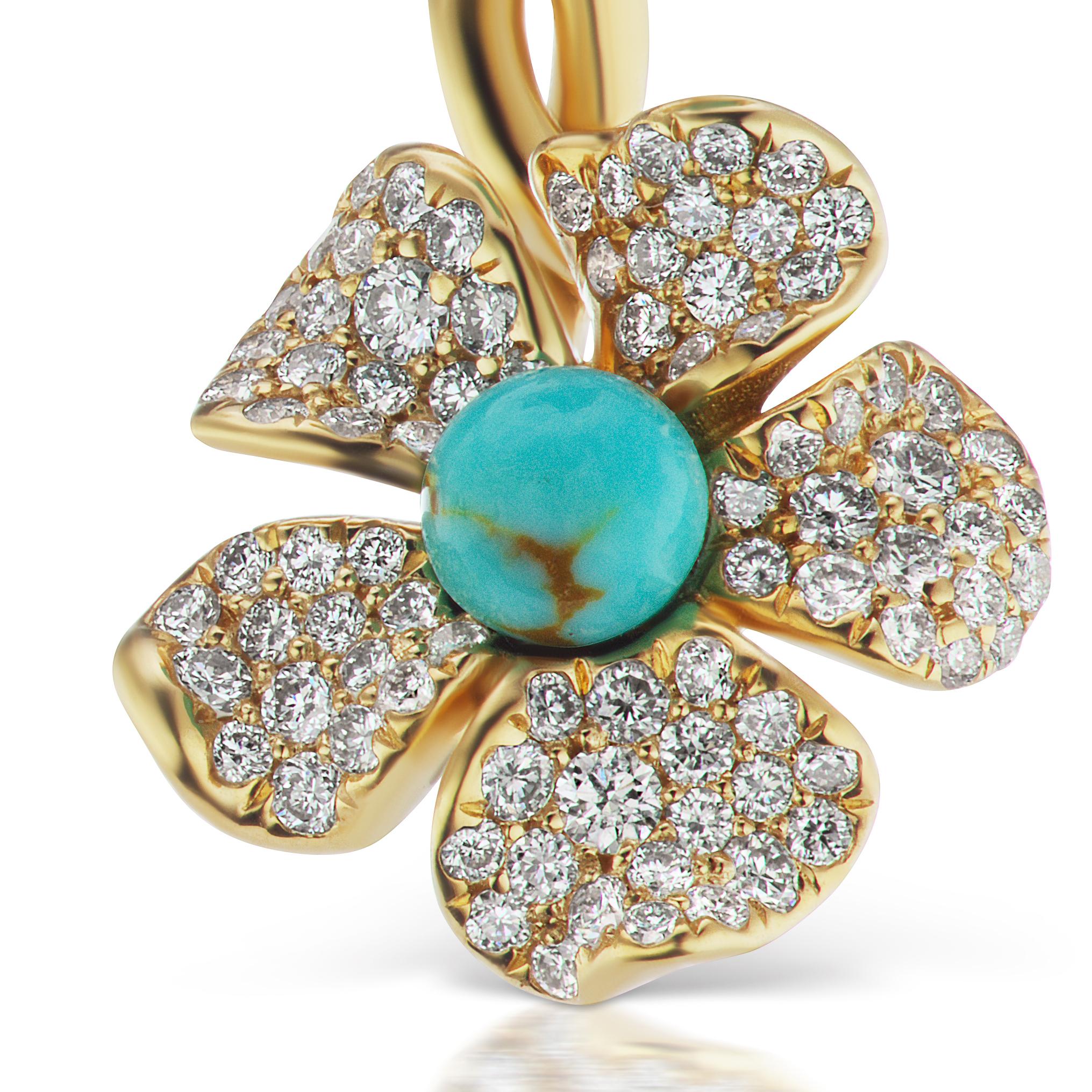 Women's 18 Karat Yellow Gold Flower Earring with Turquoise and Diamonds For Sale