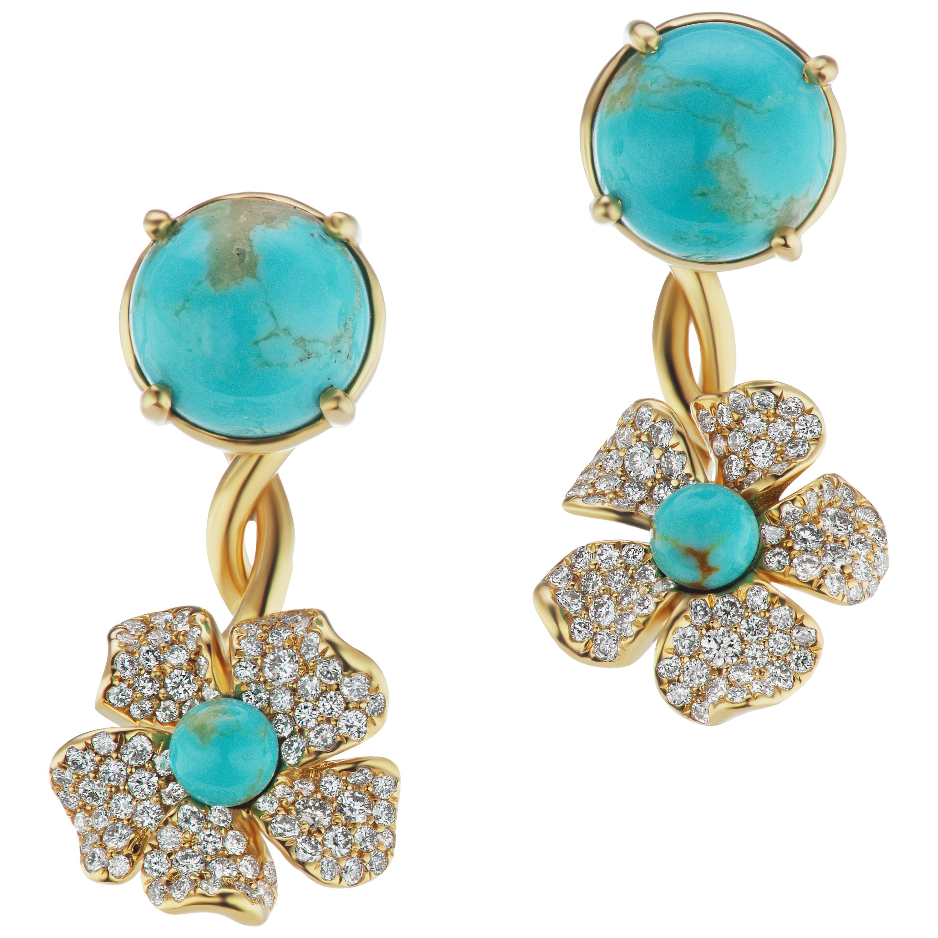 18 Karat Yellow Gold Flower Earring with Turquoise and Diamonds For Sale