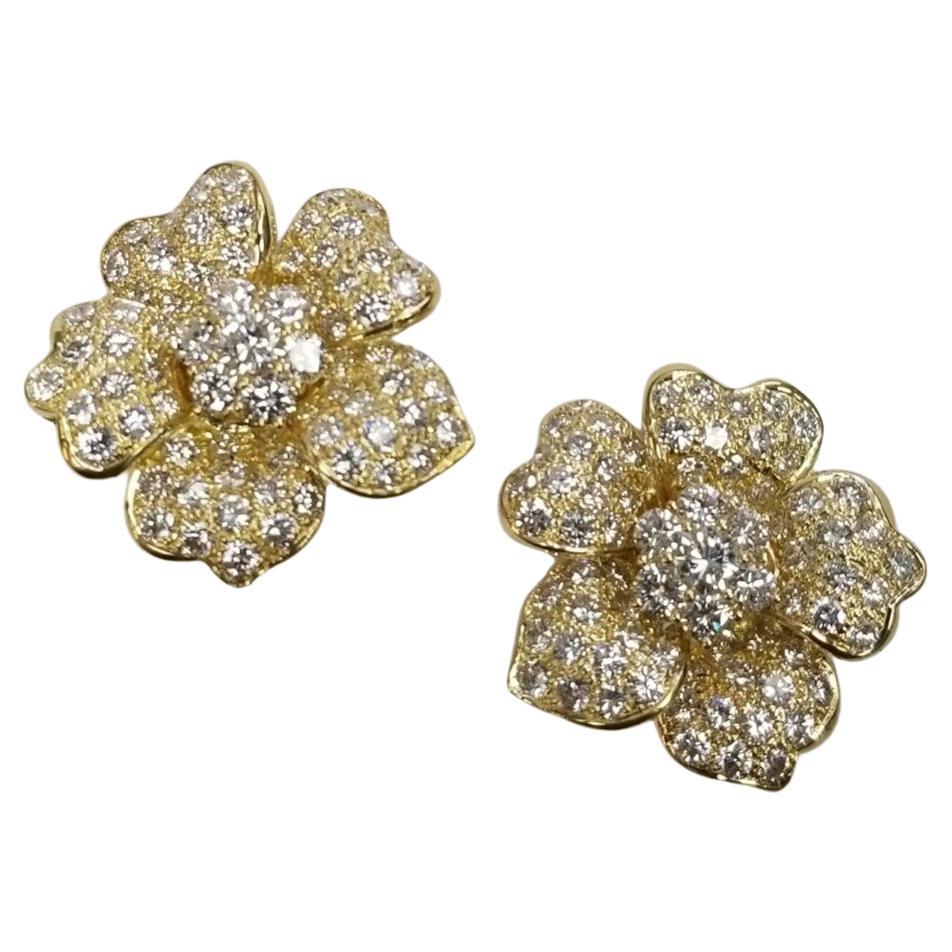 Vintage 18 Karat Yellow Gold Flower Earrings with Diamonds  7.50 carats 