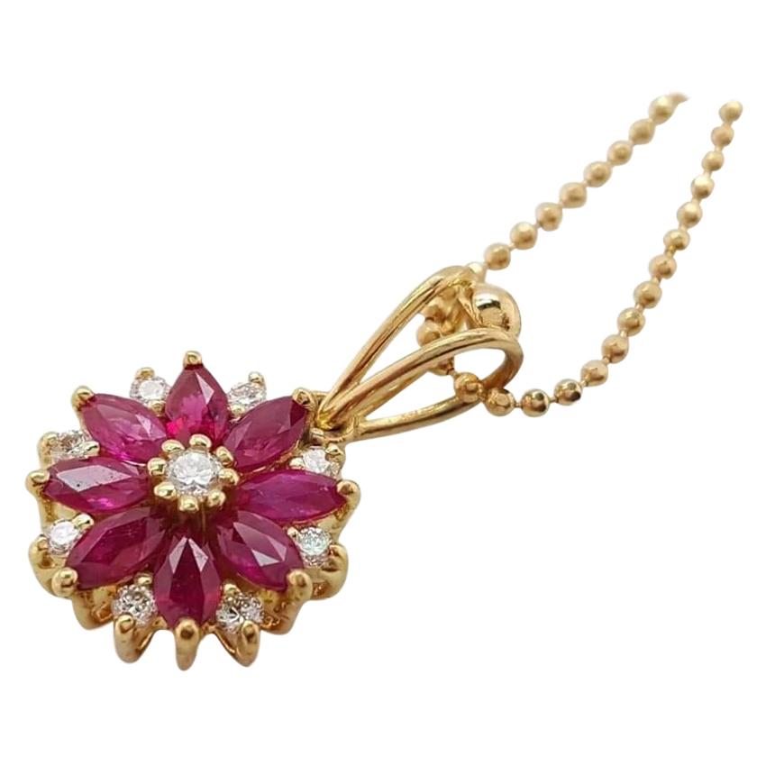 18 Karat Yellow Gold Flower Motif Diamond and Ruby Pendant with Chain For Sale