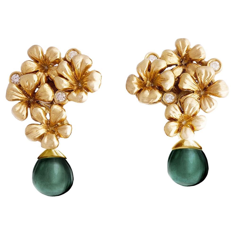 18 Karat Yellow Gold Flowers Clip-on Earrings by the Artist with Diamonds For Sale