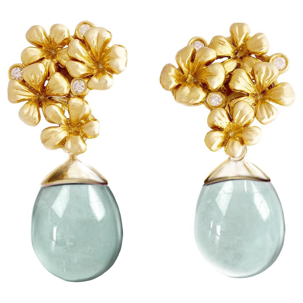 Eighteen Karat Gold Floral Earrings with Diamonds and Detachable Green Quartzes For Sale