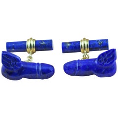 18 Karat Yellow Gold Flying Penis in Lapis Lazuli Cufflinks