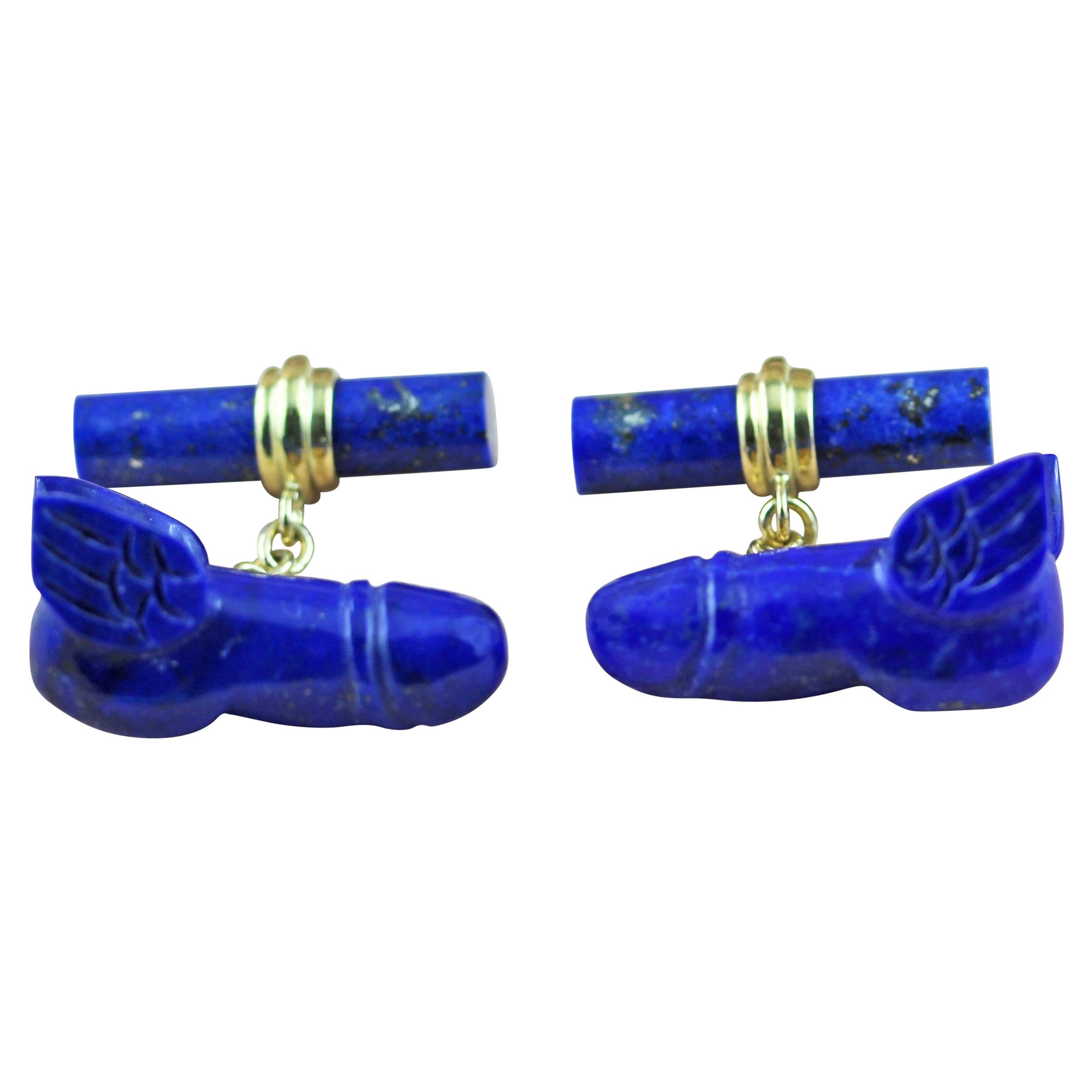18 Karat Yellow Gold Flying Penis in Lapis Lazuli Cufflinks