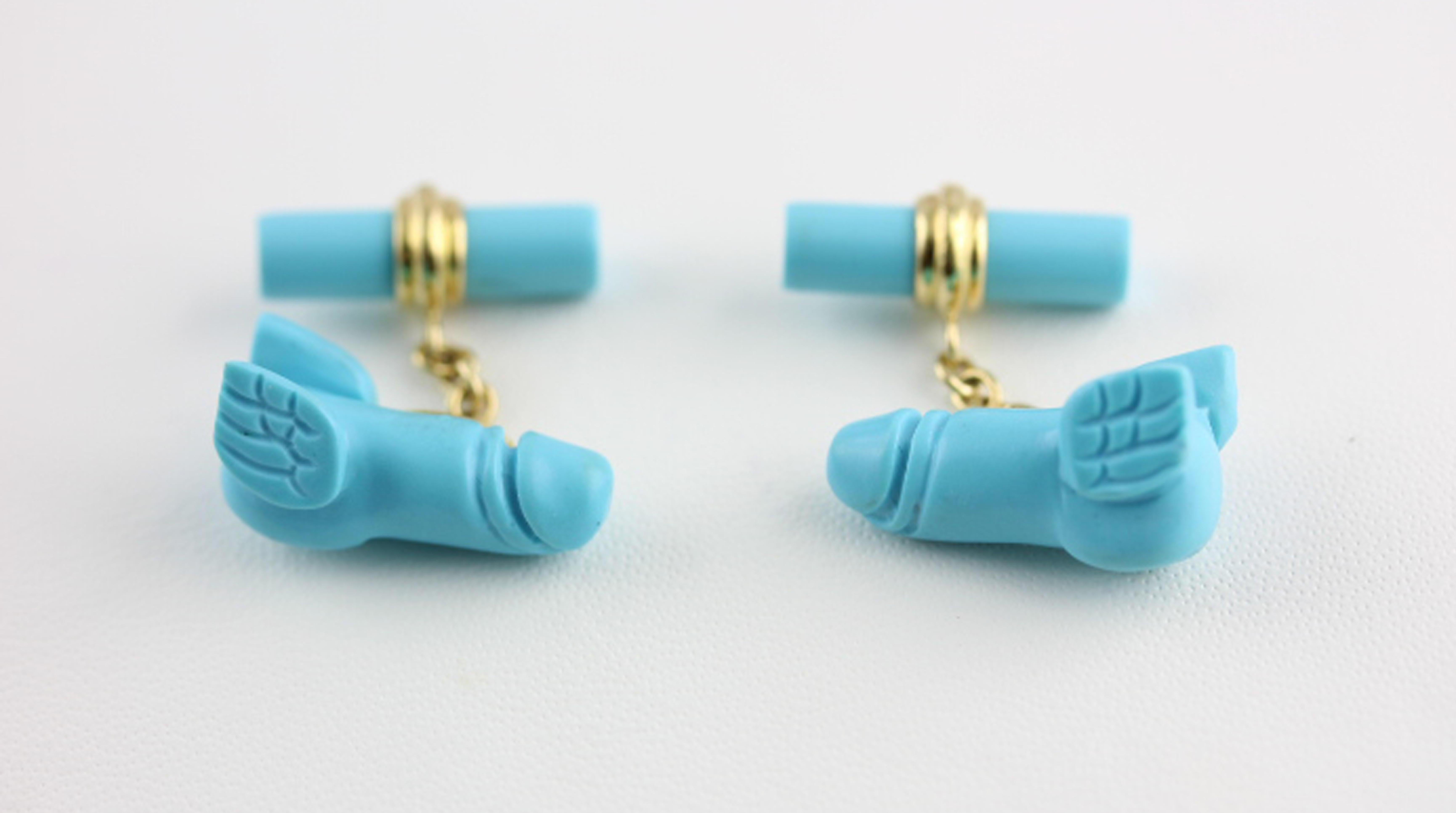 18 Karat Yellow Gold Flying Penis in Turquoise Matrix Cufflinks In New Condition For Sale In Milano, IT