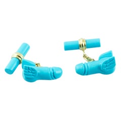 18 Karat Yellow Gold Flying Penis in Turquoise Matrix Cufflinks