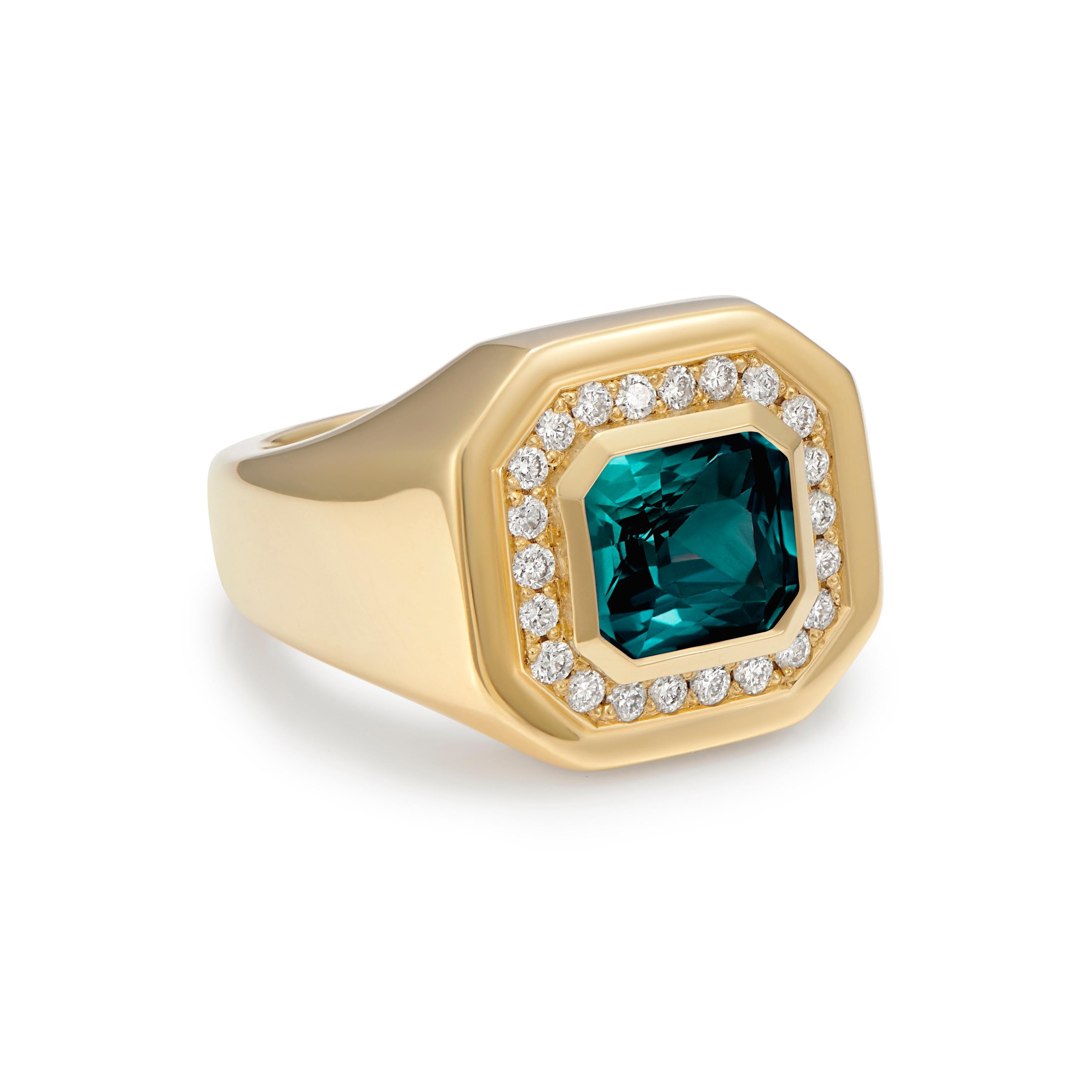 This incredible forest green tourmaline and diamond, 18kt yellow gold hand made ring is a one of a kind statement ring.

2.98ct Octagon Tourmaline, 0.35ct Diamonds, 18kt Yellow Gold 

This collection distils the beauty and glamour of 1920s Berlin