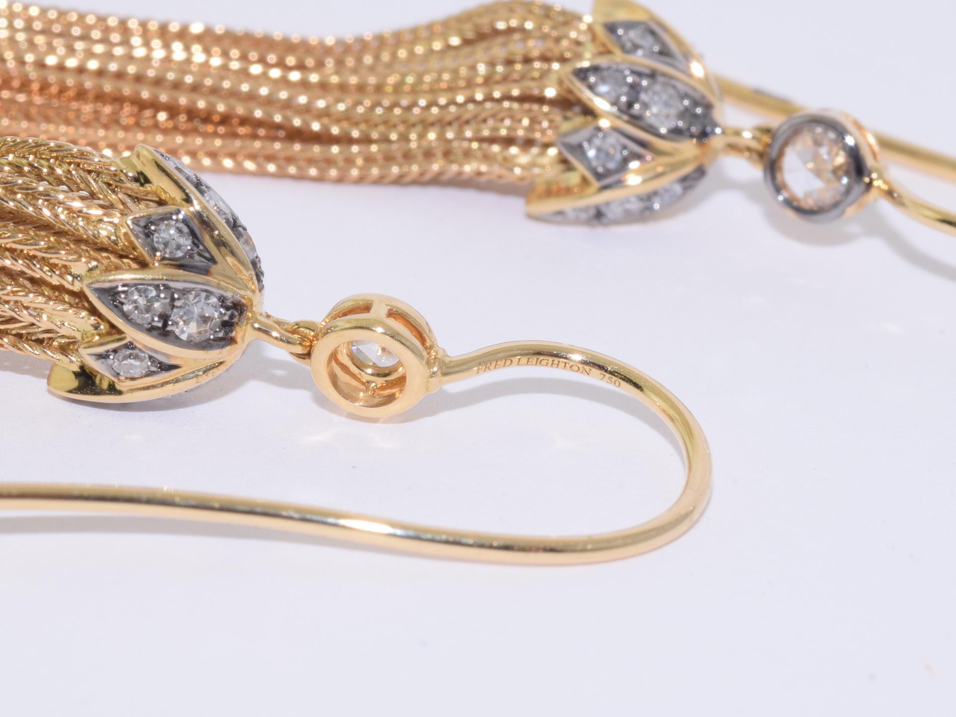 Rose Cut 18 Karat Yellow Gold Foxtail Chain Diamond Tassel Earrings Signed Fred Leighton