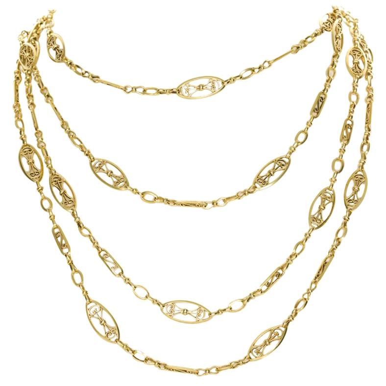 18 Karat Yellow Gold French Antique Guard Chain For Sale