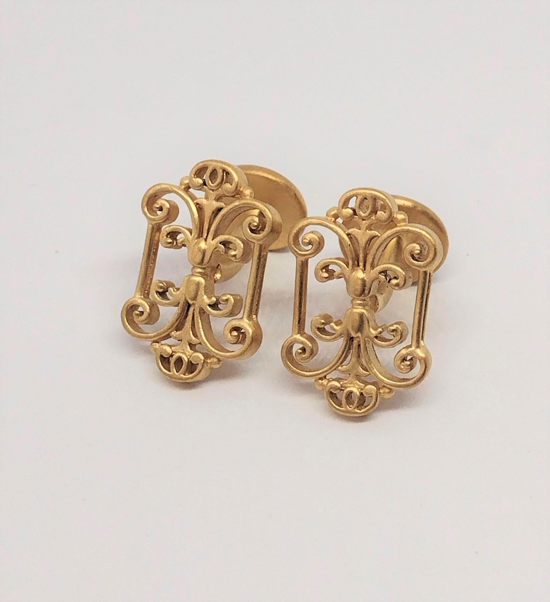 18 Karat Yellow Gold French Gate Cufflinks , This is a series for cufflinks from my travels. Photographs of iron and bronze gates, fences,and windows. The lost art of decorative hand wrought metal work. These are matte and polished  22 mm x 14 x 3