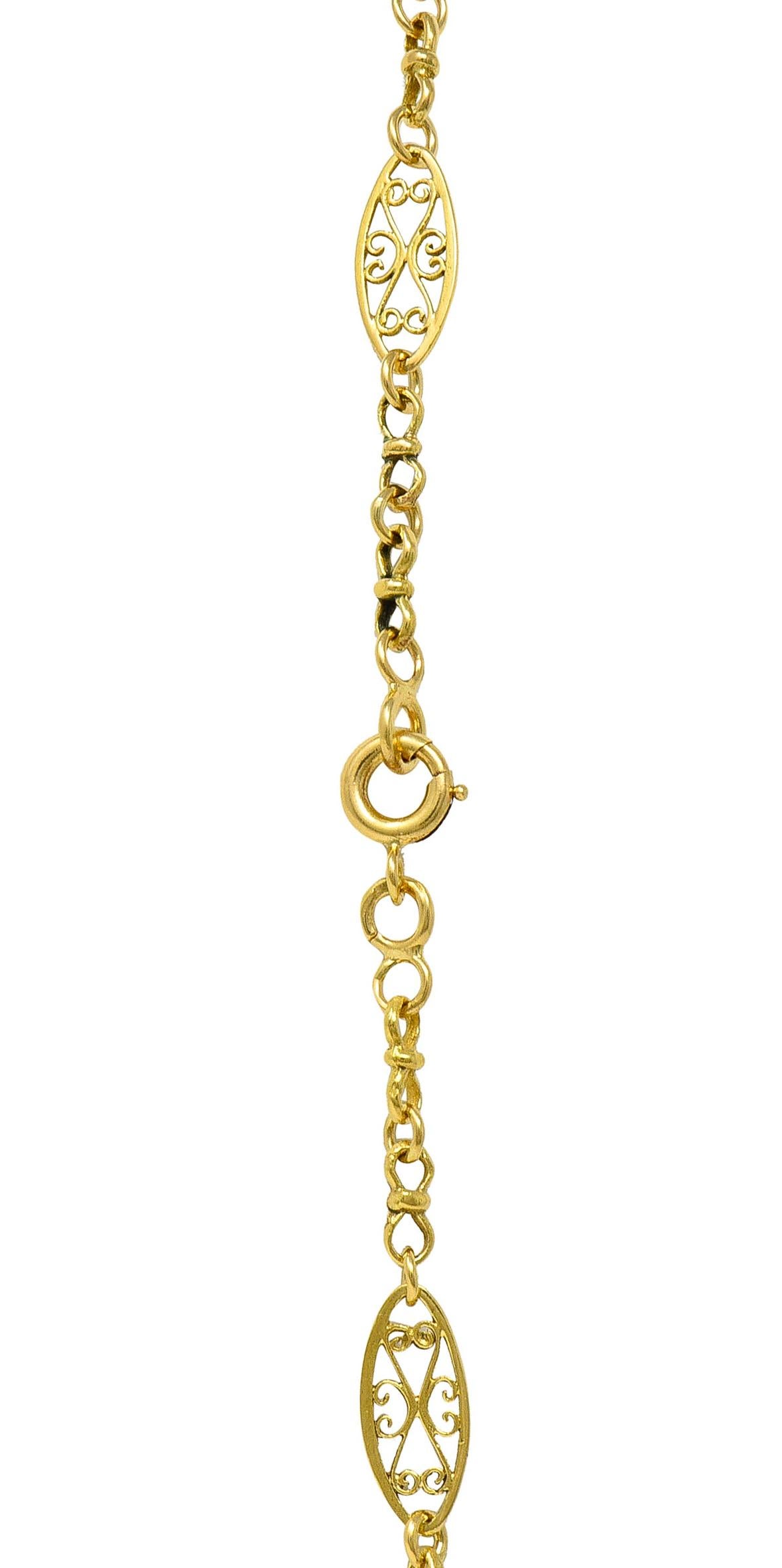 18 Karat Yellow Gold French Victorian Heart Navette Link Long Antique Necklace For Sale 3