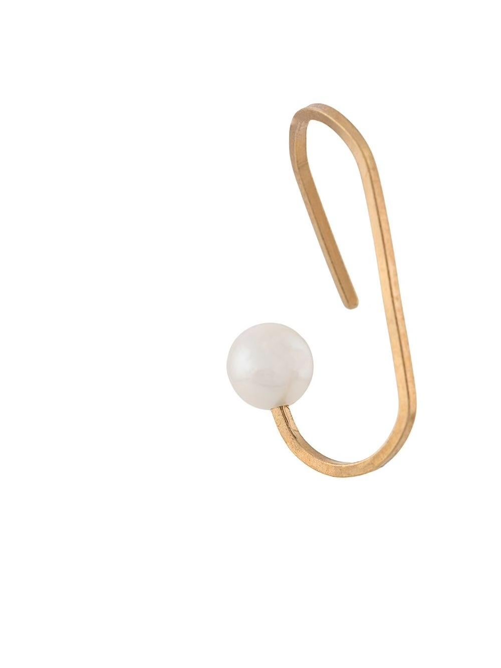 Artisan 18-Karat Yellow Gold Freshwater Pearls Forging Line Paper Clip Fine Earrings For Sale