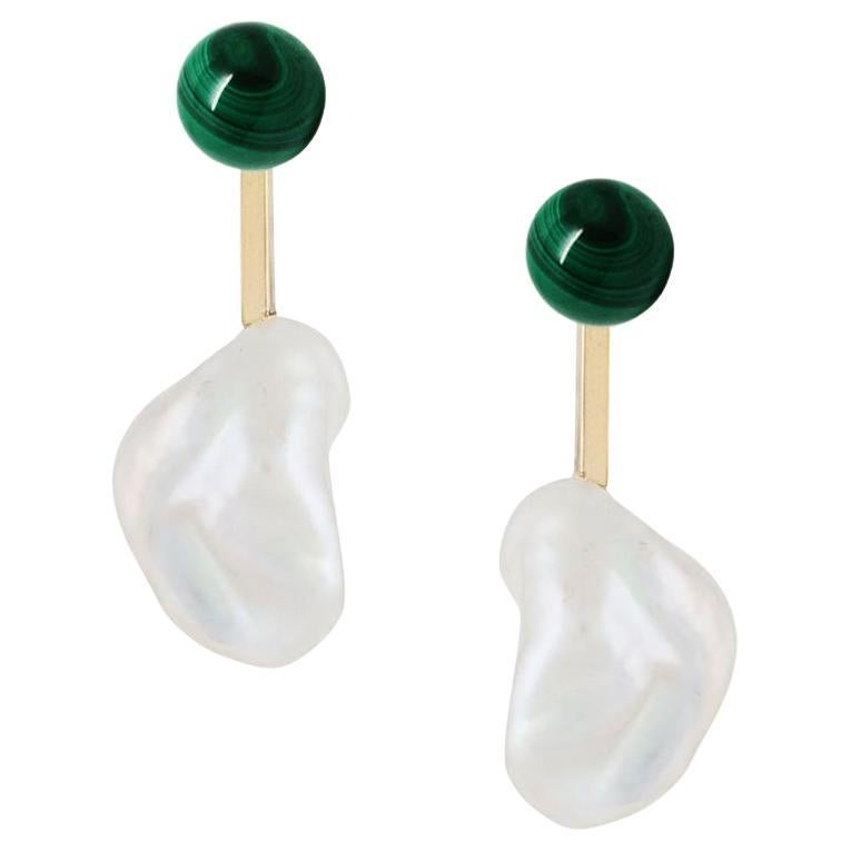  18-Karat Yellow Gold Freshwater Pearls Malachite Earrings For Sale