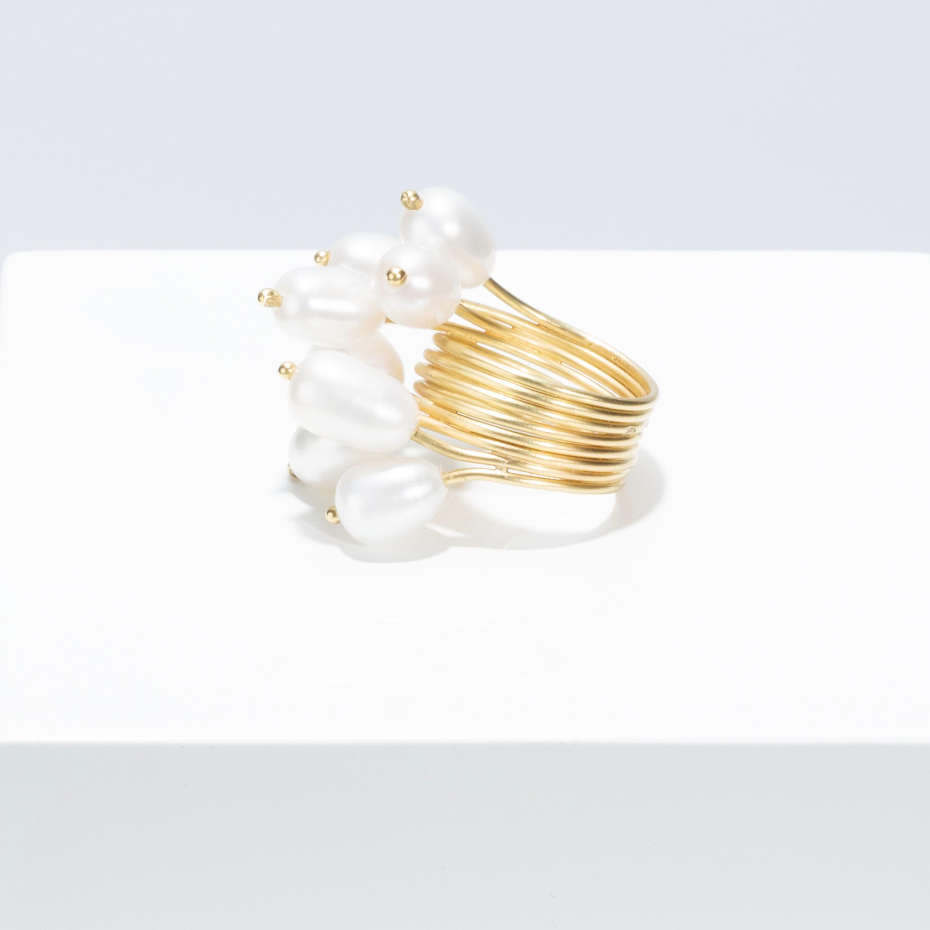 Contemporary Ambroise Degenève's Unique 18k Gold, Freshwater Pearls, Silver 750 Roseaux Ring For Sale