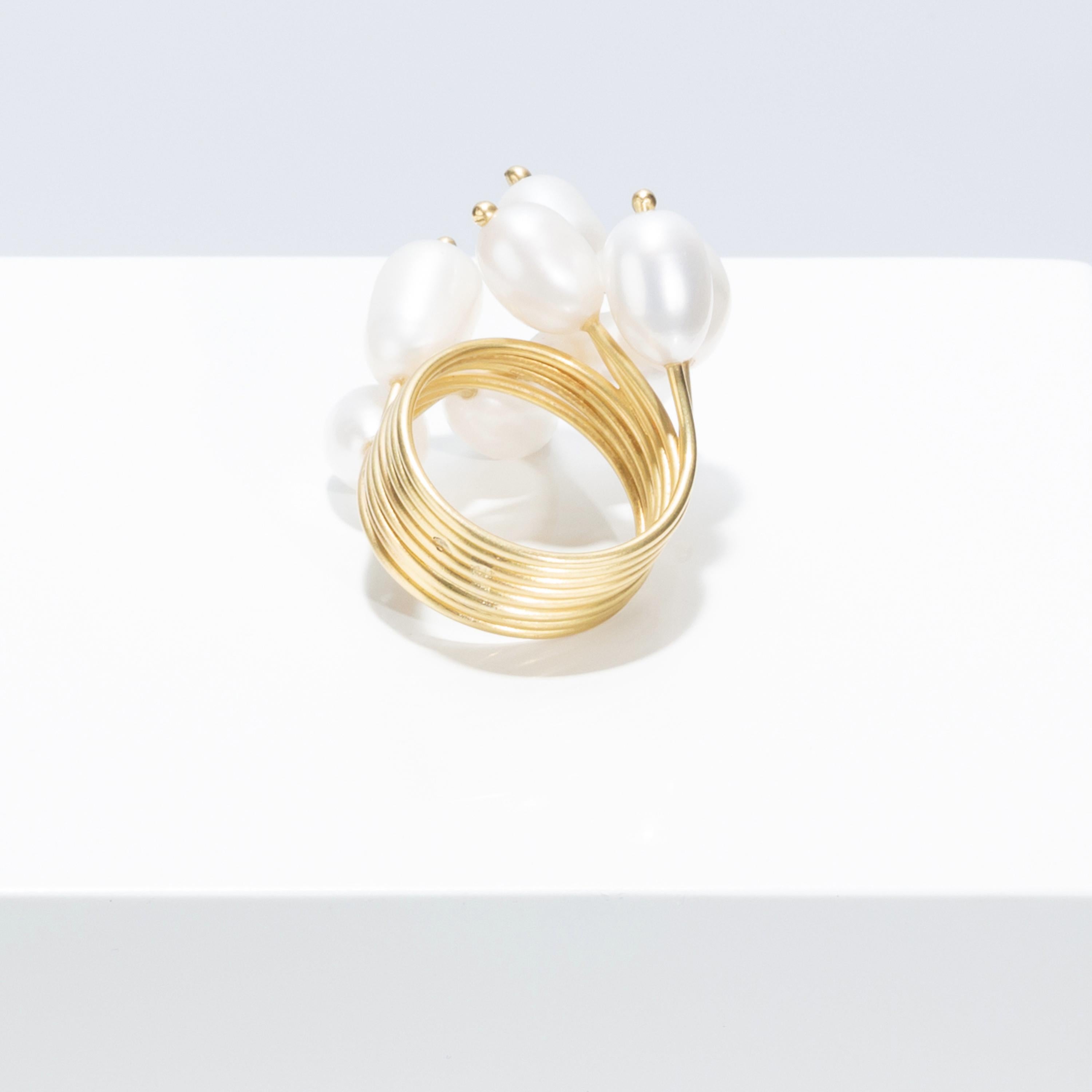 Cabochon Ambroise Degenève's Unique 18k Gold, Freshwater Pearls, Silver 750 Roseaux Ring For Sale