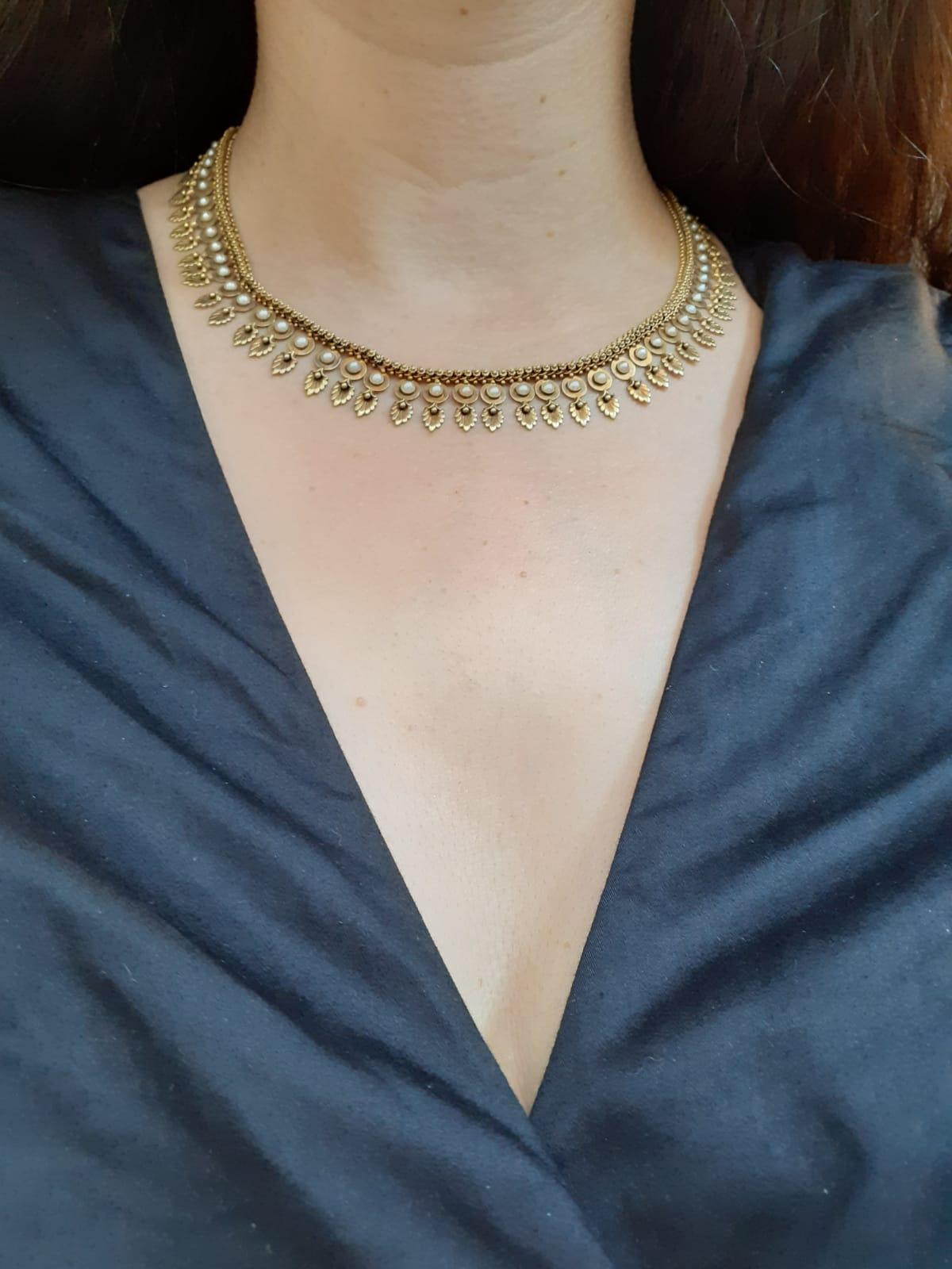 Retro 18 Karat Yellow Gold Fringe Pearl Set Necklace, Circa 1960