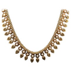 18 Karat Yellow Gold Fringe Pearl Set Necklace, Circa 1960