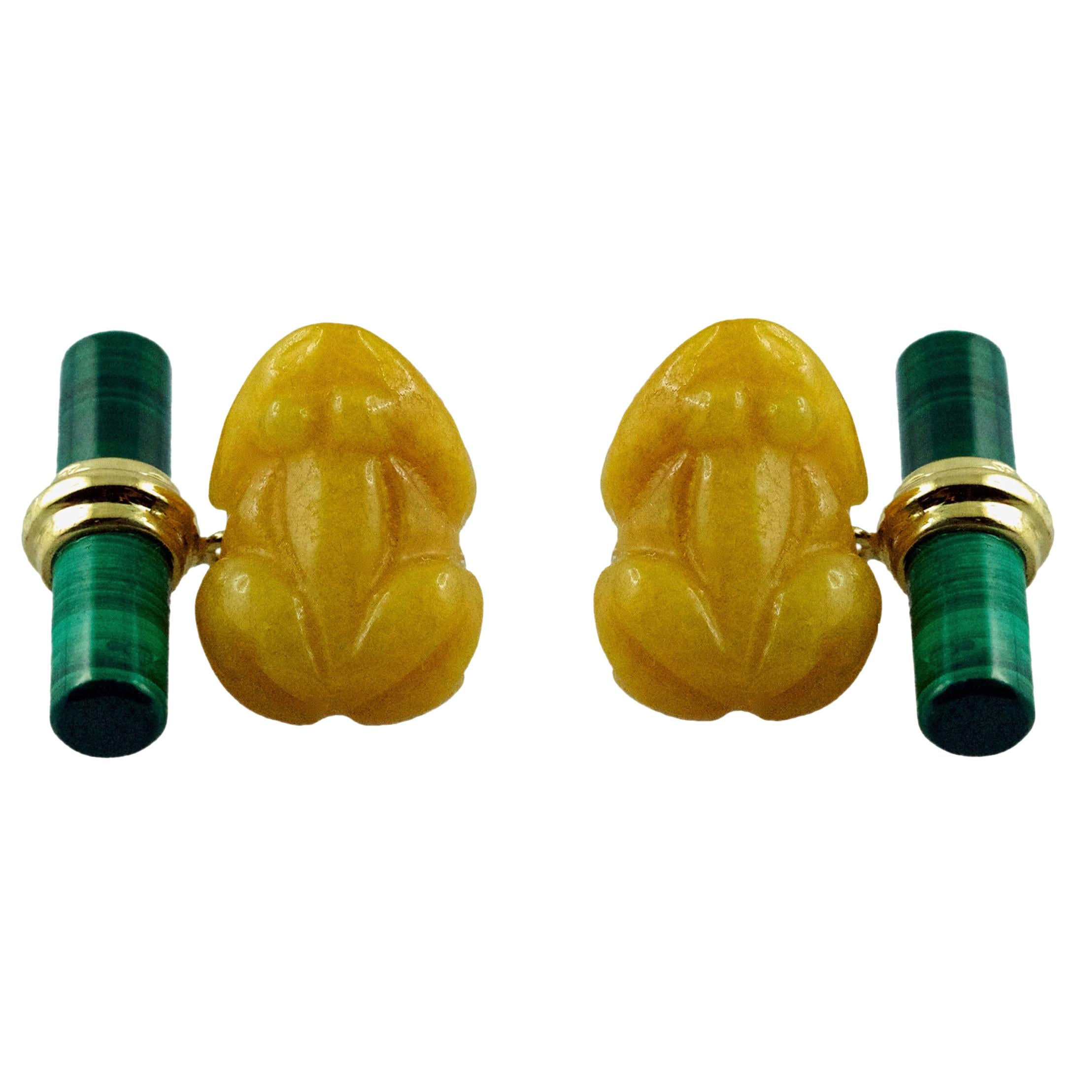 18 Karat Yellow Gold Frog Cufflinks in Yellow Jade and Malachite For Sale