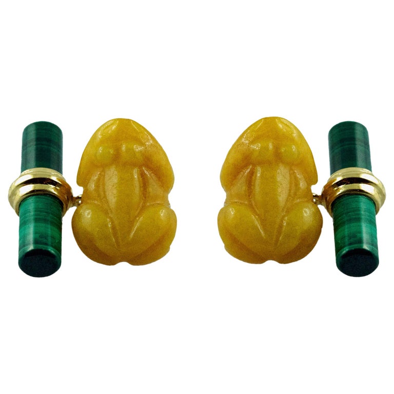 18 Karat Yellow Gold Frog Cufflinks in Yellow Jade and Malachite For Sale