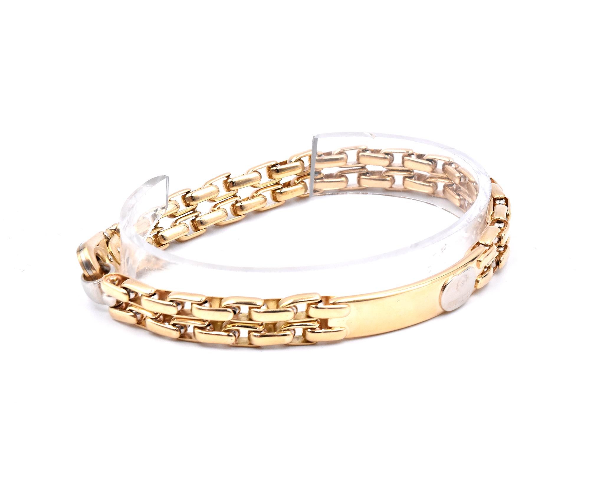Designer: Fulkro
Material: 18k yellow gold
Dimensions: the bracelet will fit up to a 9-inch wrist, measures 8.5mm wide
Weight: 45.01 grams
