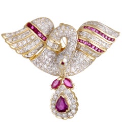 18 Karat Yellow Gold Full Diamond and Ruby Swan Pendant/Brooch
