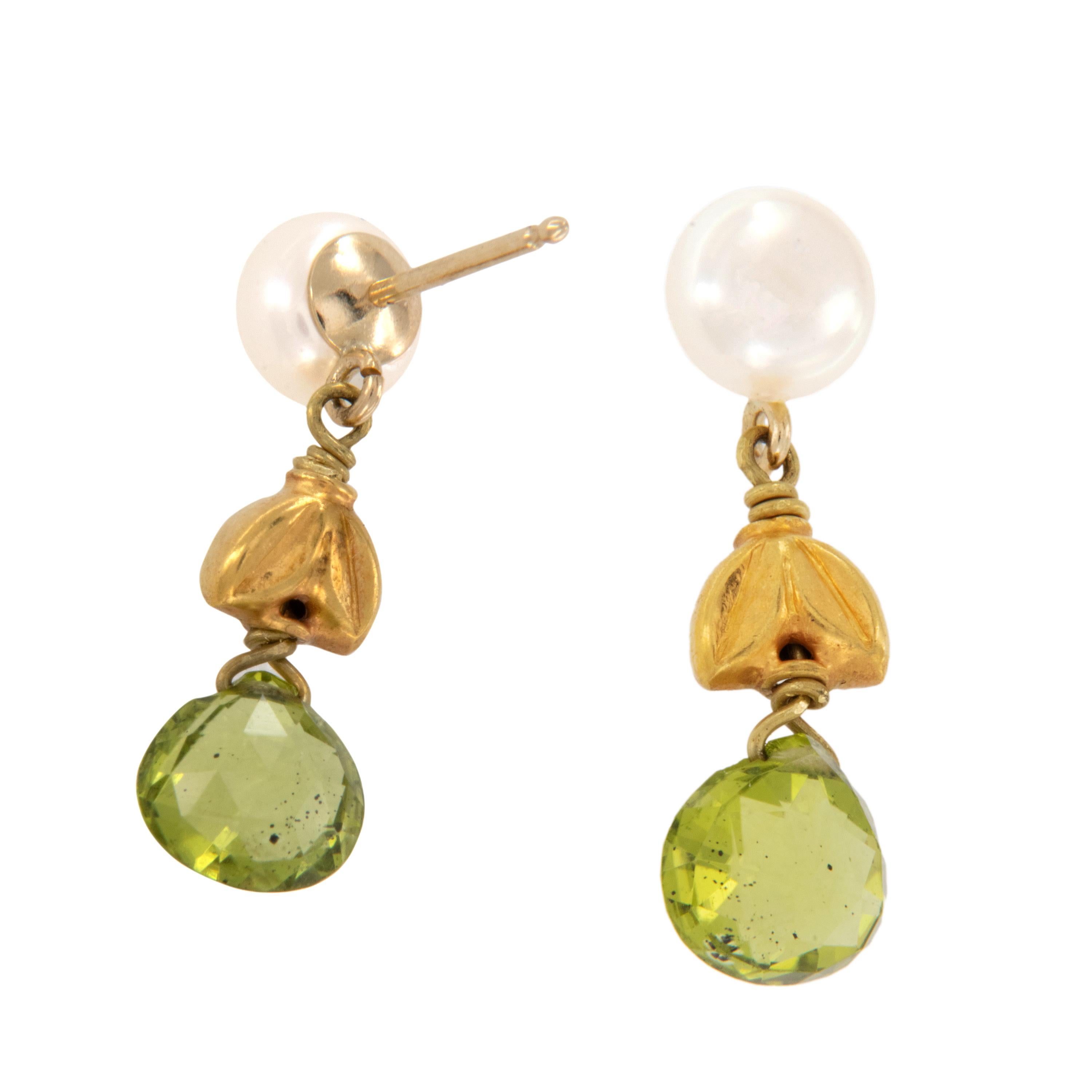 Briolette Cut 18 Karat Yellow Gold FW Pearl and Peridot Drop Earrings by Designer Susan Hoge For Sale