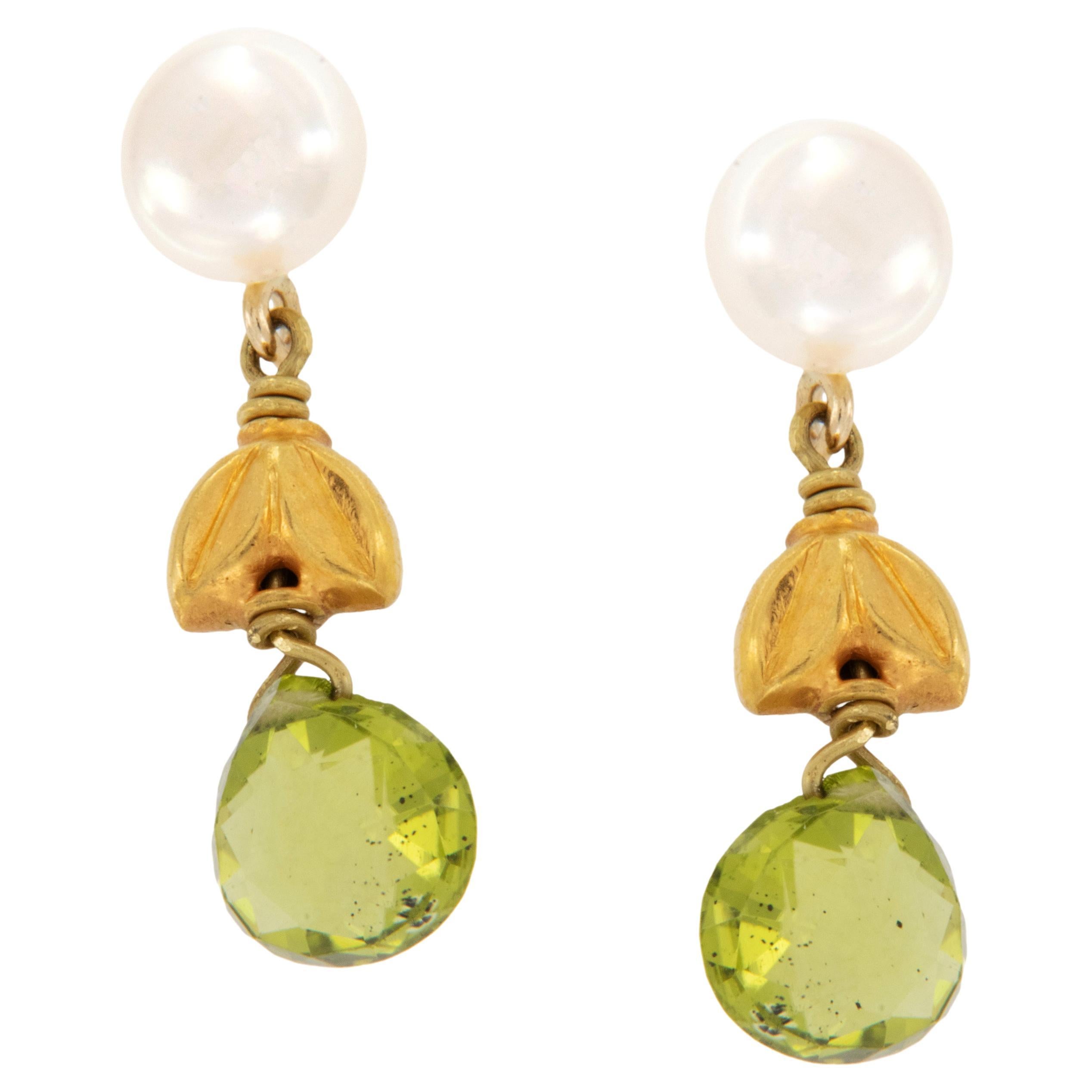 18 Karat Yellow Gold FW Pearl and Peridot Drop Earrings by Designer Susan Hoge For Sale
