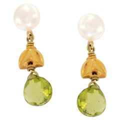 18 Karat Yellow Gold FW Pearl and Peridot Drop Earrings by Designer Susan Hoge