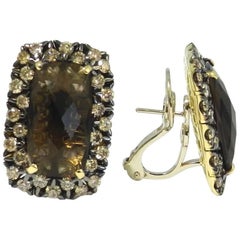 18 Karat Yellow Gold Garavelli Earrings with Brown Diamonds and Smoky Quartz