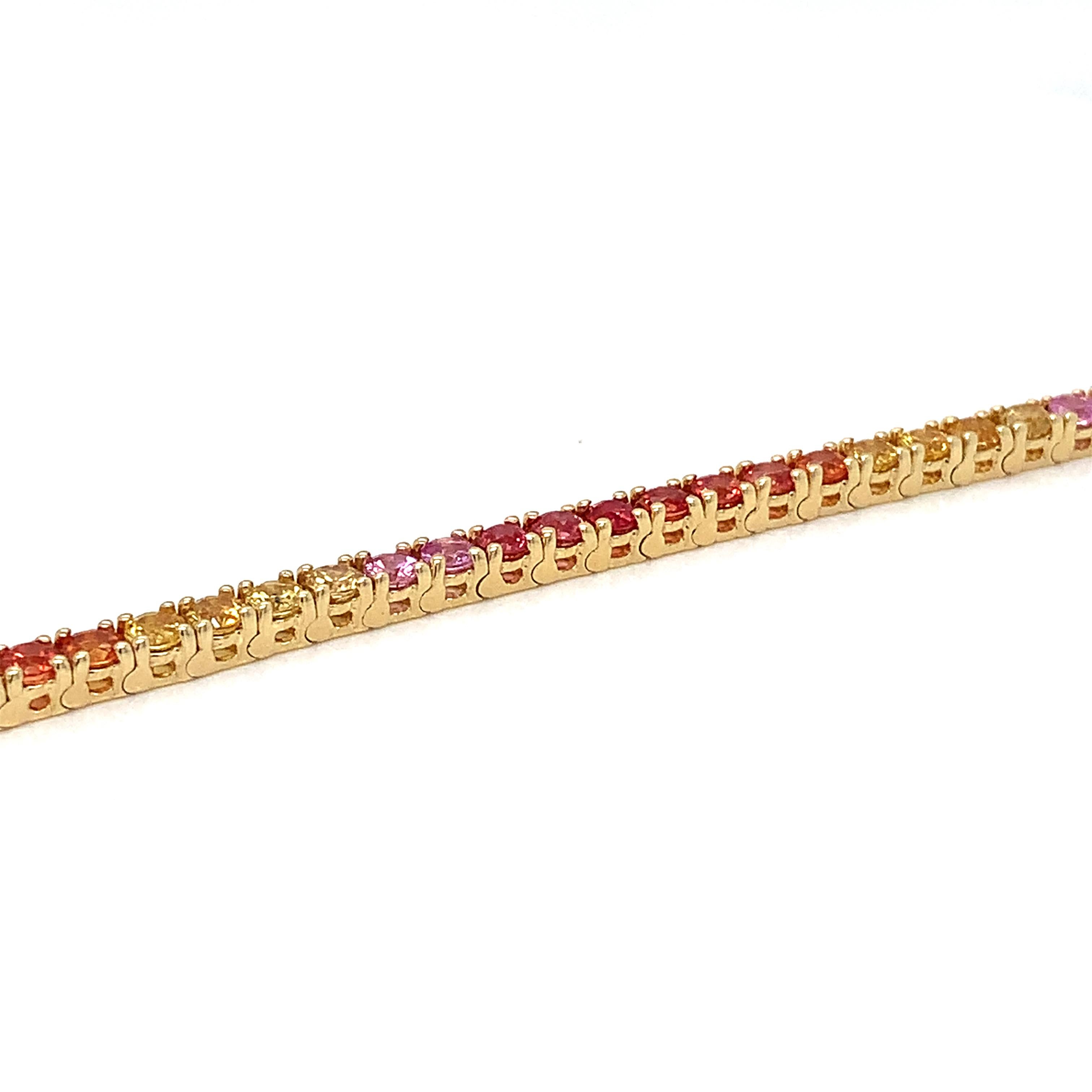 Round Cut 18 Karat Yellow Gold Garavelli Sunshine Tones Rainbow Sapphires Tennis Bracelet For Sale
