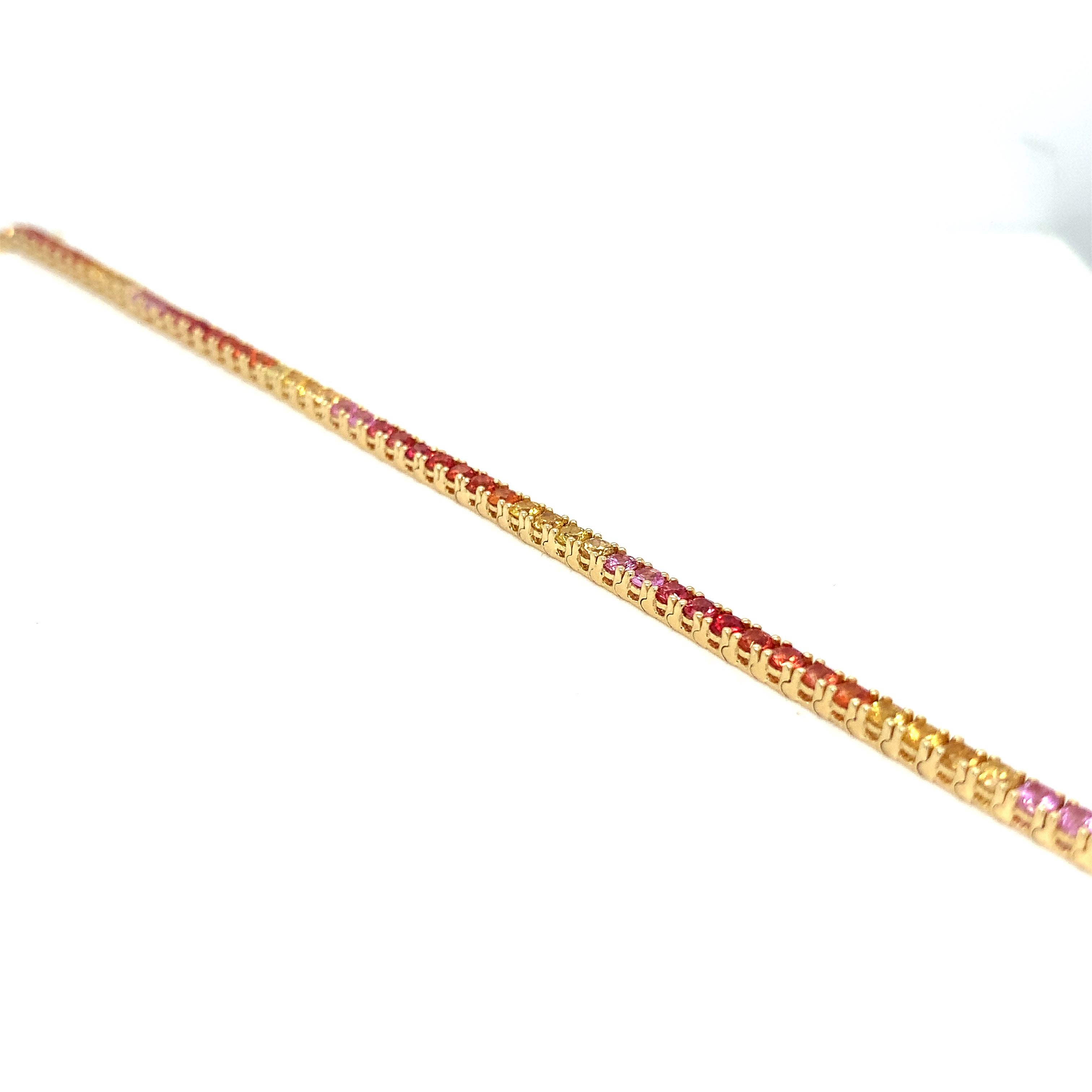 Women's or Men's 18 Karat Yellow Gold Garavelli Sunshine Tones Rainbow Sapphires Tennis Bracelet For Sale