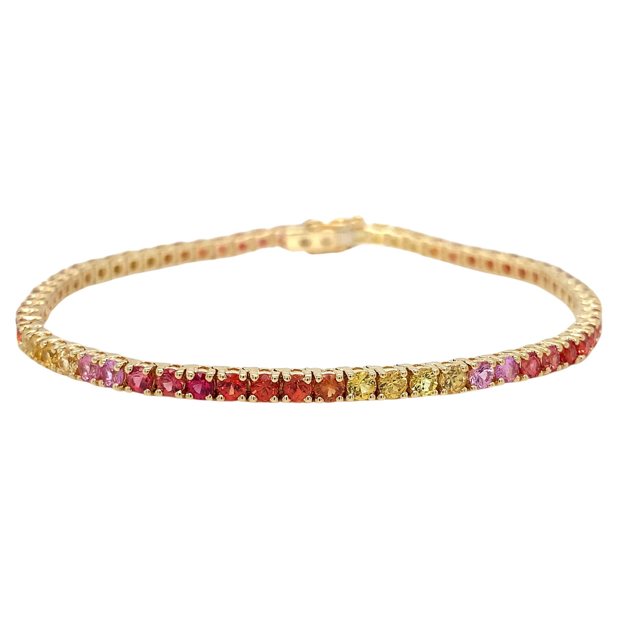 18 Karat Yellow Gold Garavelli Sunshine Tones Rainbow Sapphires Tennis Bracelet For Sale