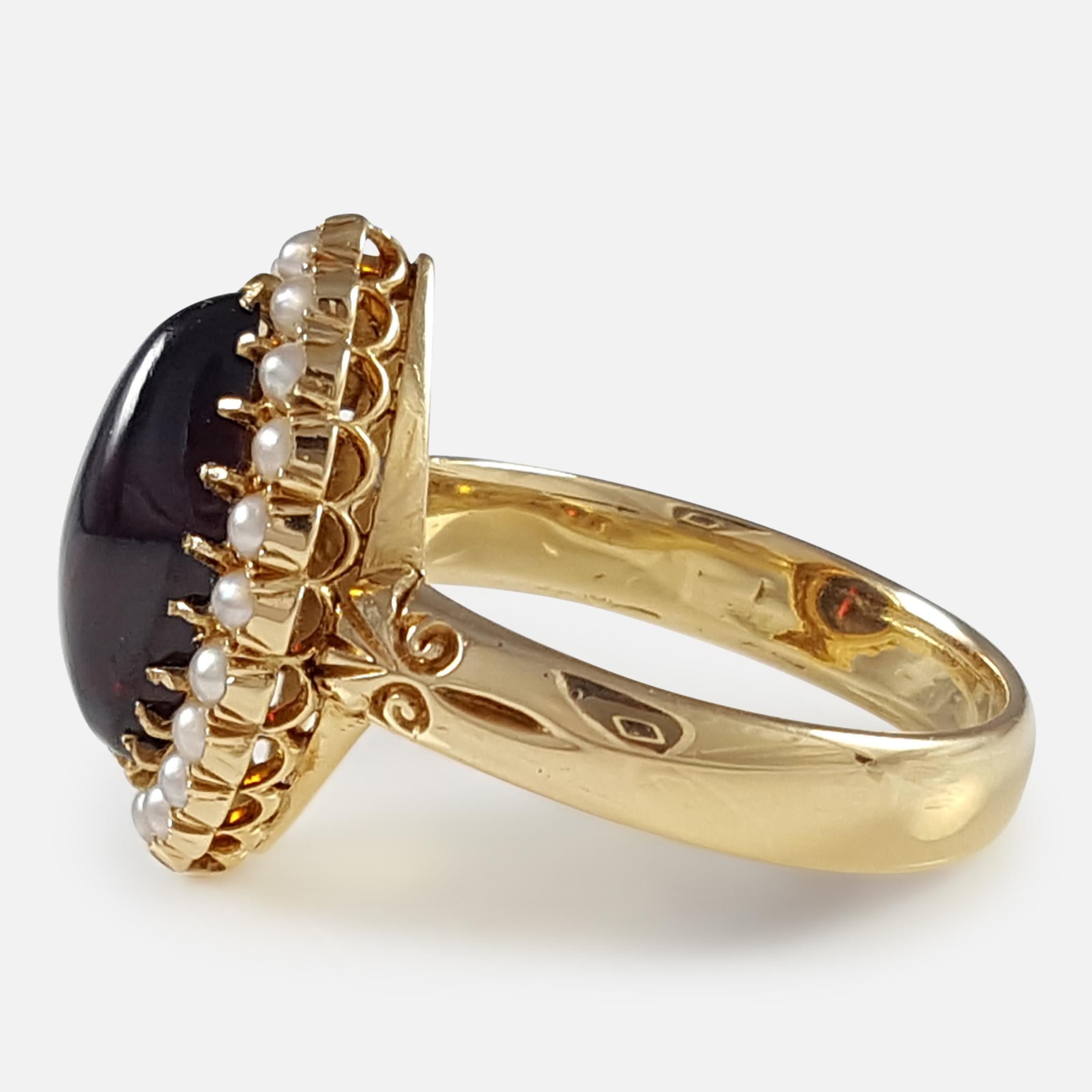 Cabochon 18 Karat Yellow Gold Garnet and Seed Pearl Cluster Ring