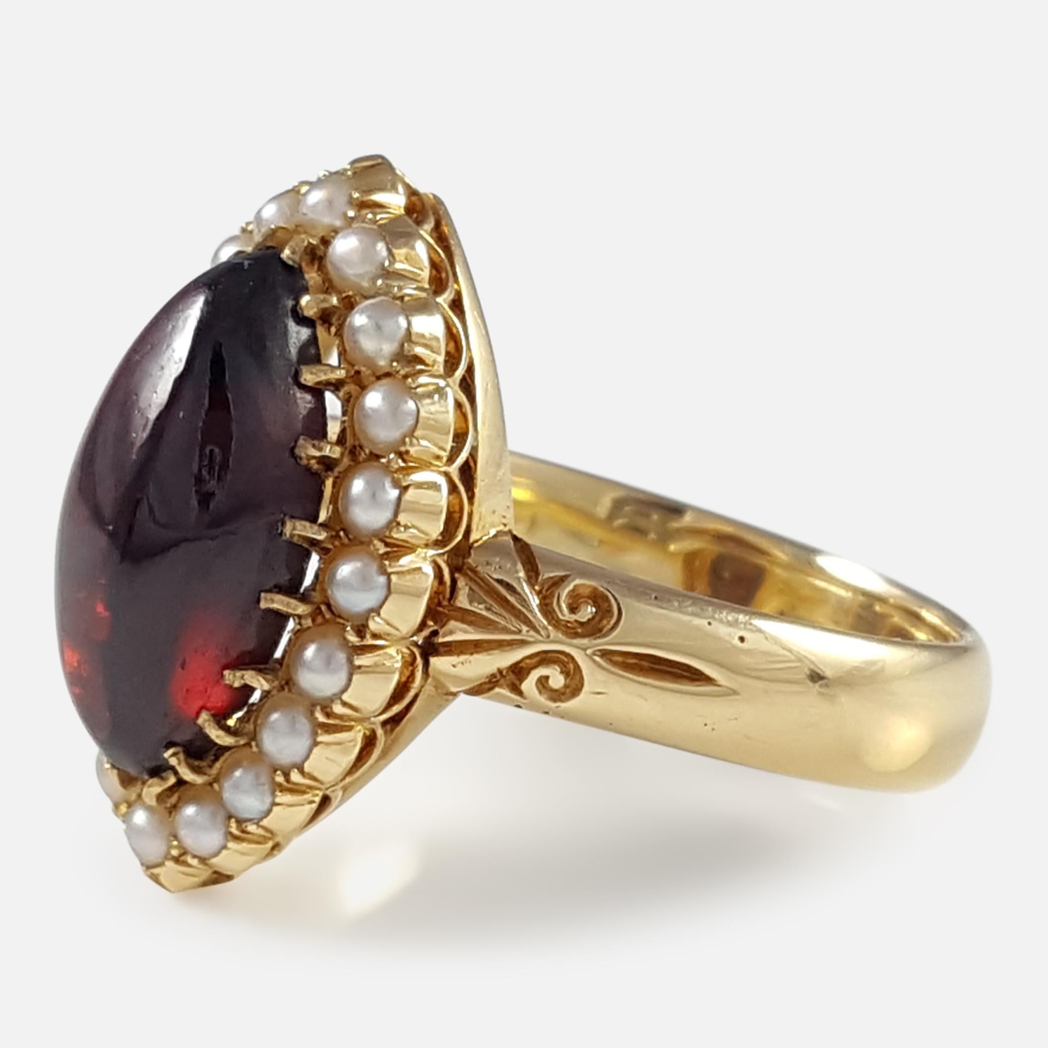 18 Karat Yellow Gold Garnet and Seed Pearl Cluster Ring In Good Condition In Glasgow, GB