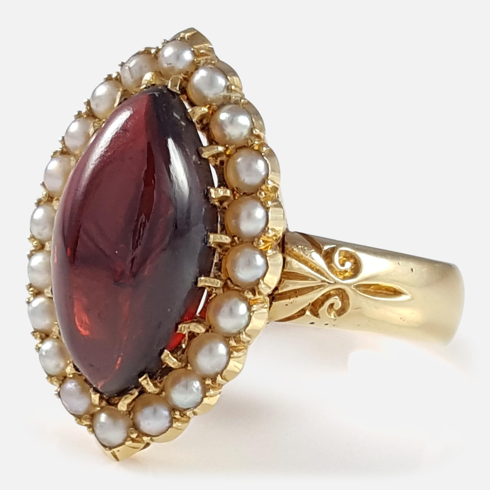 Women's 18 Karat Yellow Gold Garnet and Seed Pearl Cluster Ring