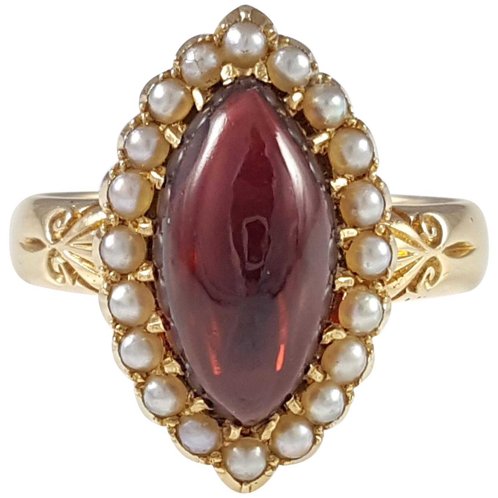 18 Karat Yellow Gold Garnet and Seed Pearl Cluster Ring