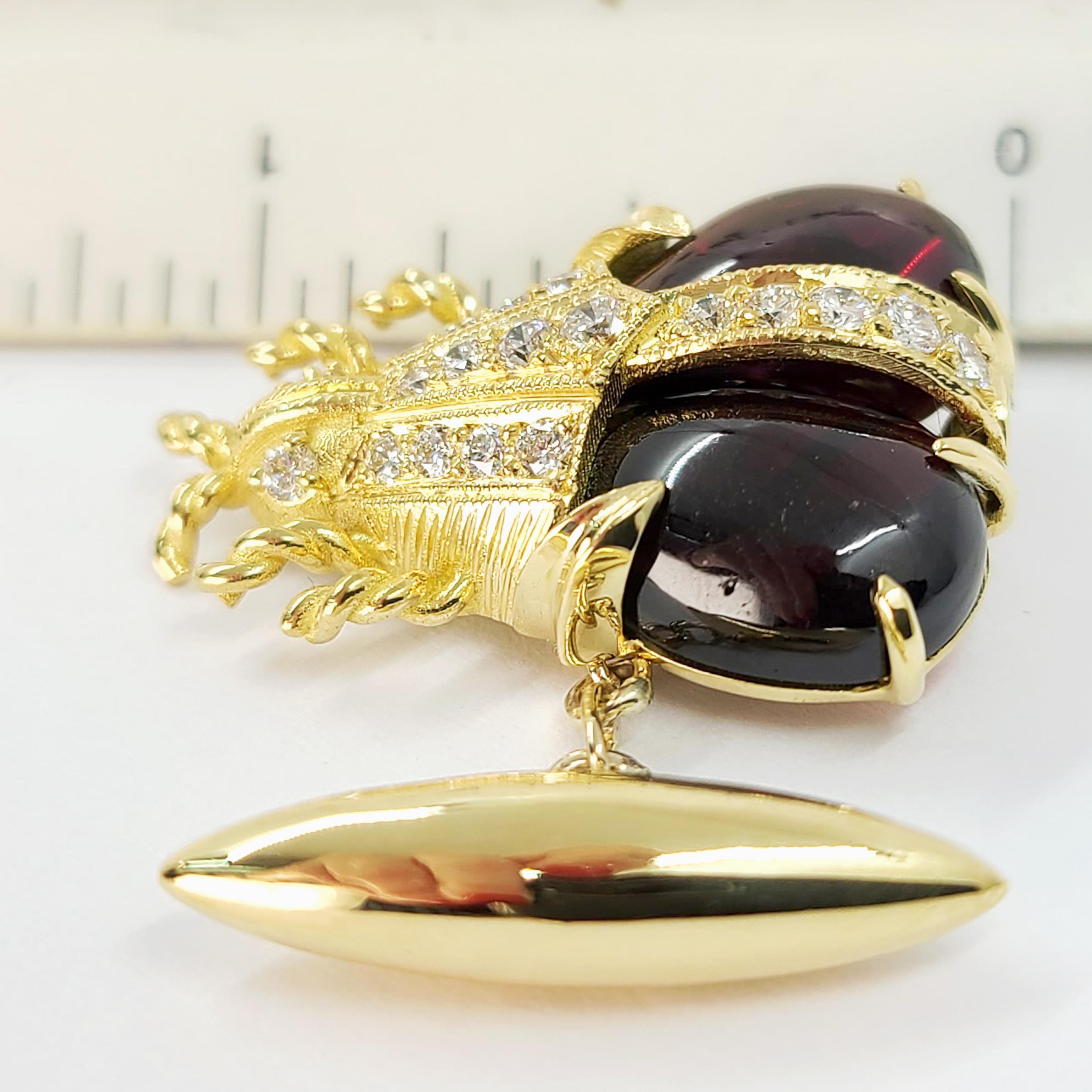 Cabochon 18 Karat Yellow Gold, Garnet, and Diamond Vintage Beetle Cufflinks
