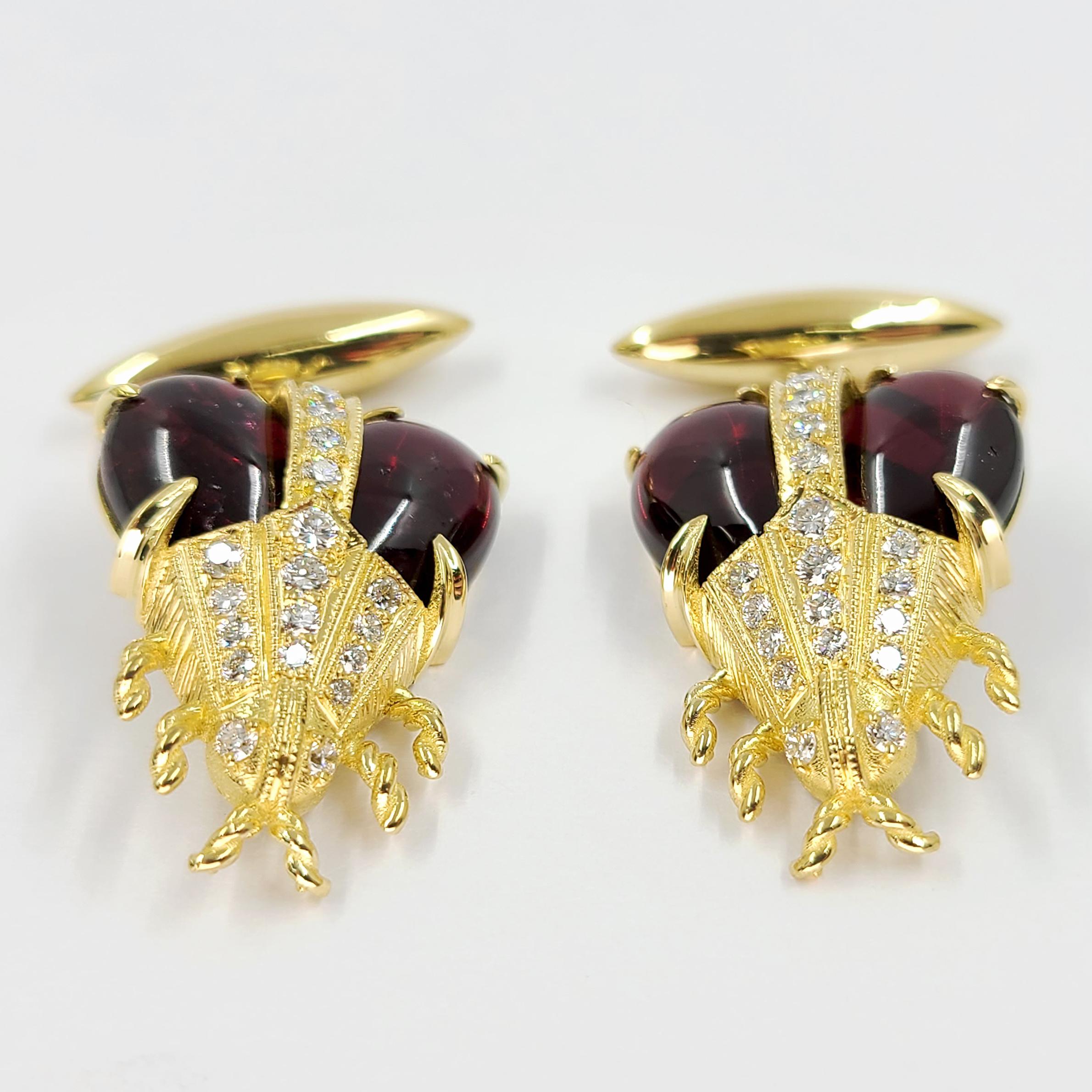 18 Karat Yellow Gold, Garnet, and Diamond Vintage Beetle Cufflinks In Good Condition In Coral Gables, FL