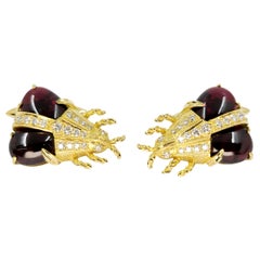 18 Karat Yellow Gold, Garnet, and Diamond Vintage Beetle Cufflinks