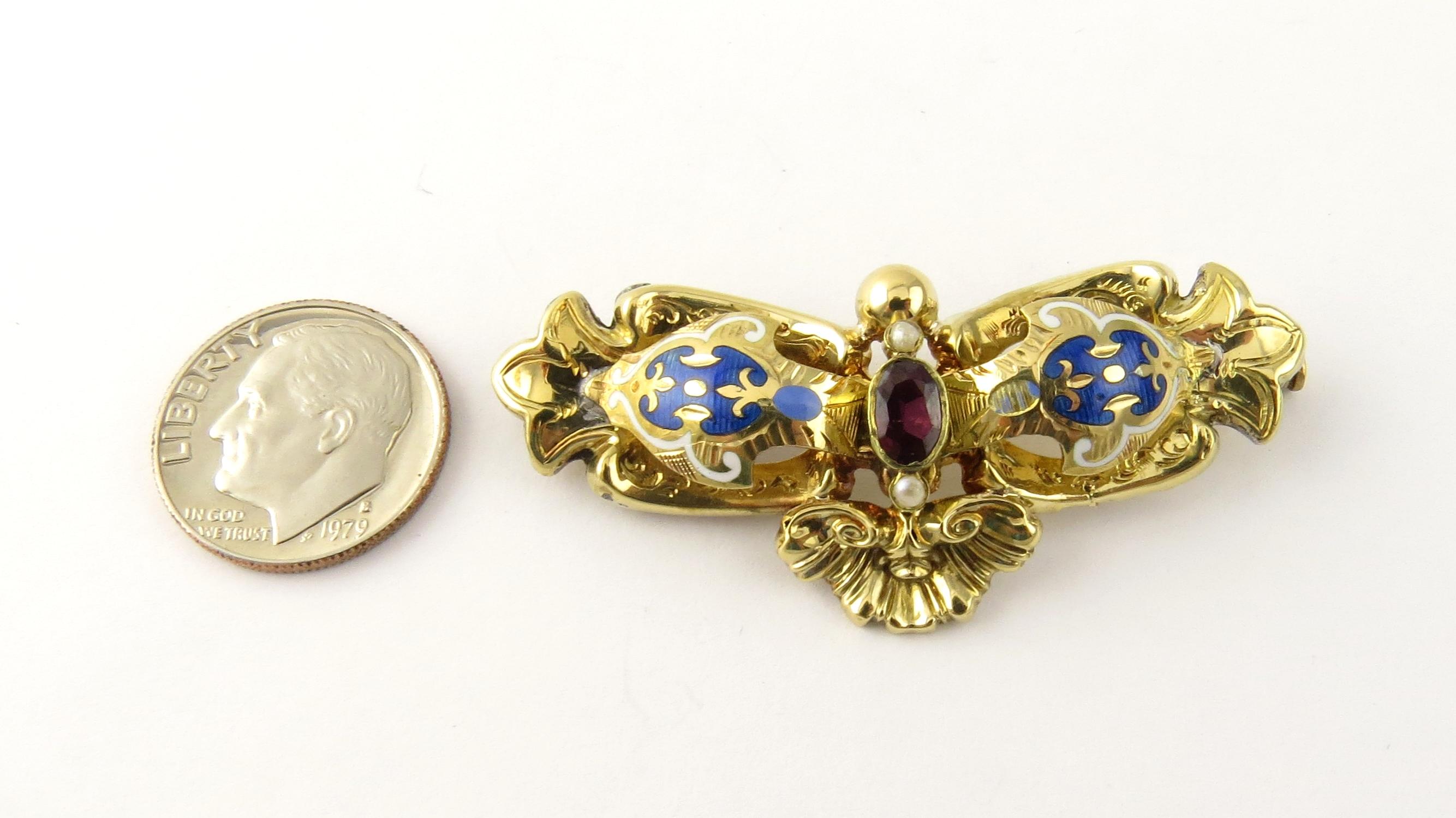 18 Karat Yellow Gold, Garnet, Seed Pearl and Enamel Brooch or Pin 3