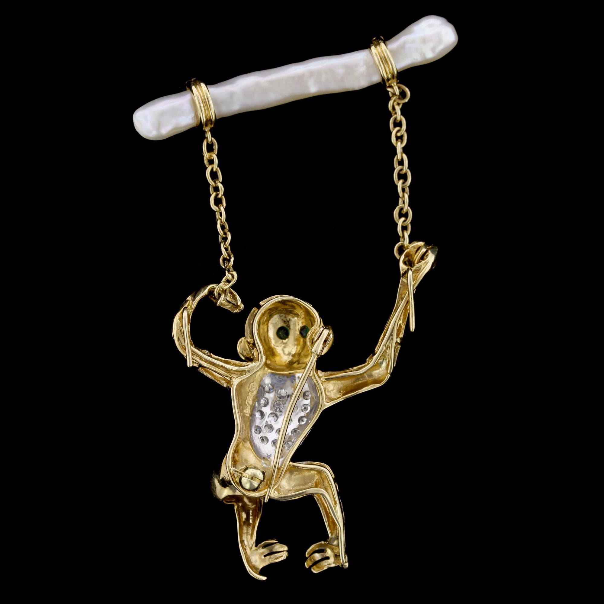 Contemporary 18 Karat Yellow Gold Gem-Set and Pearl Monkey Pin For Sale