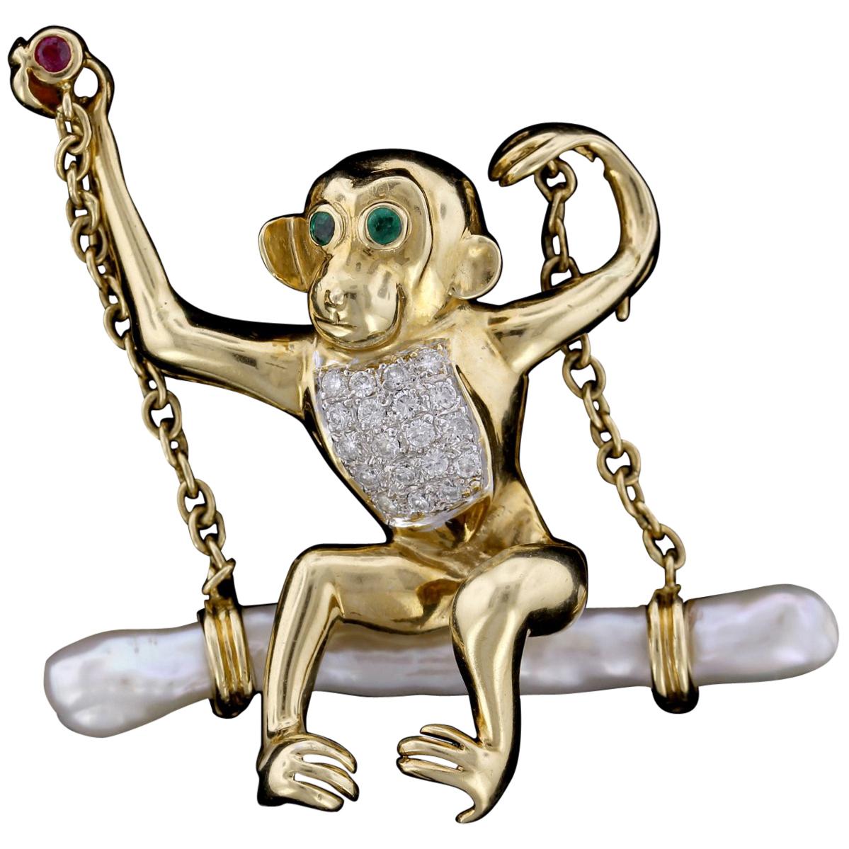 18 Karat Yellow Gold Gem-Set and Pearl Monkey Pin For Sale