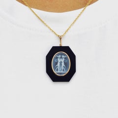Gemini Zodiac Agate Cameo Black Onyx Gold Pendant Necklace